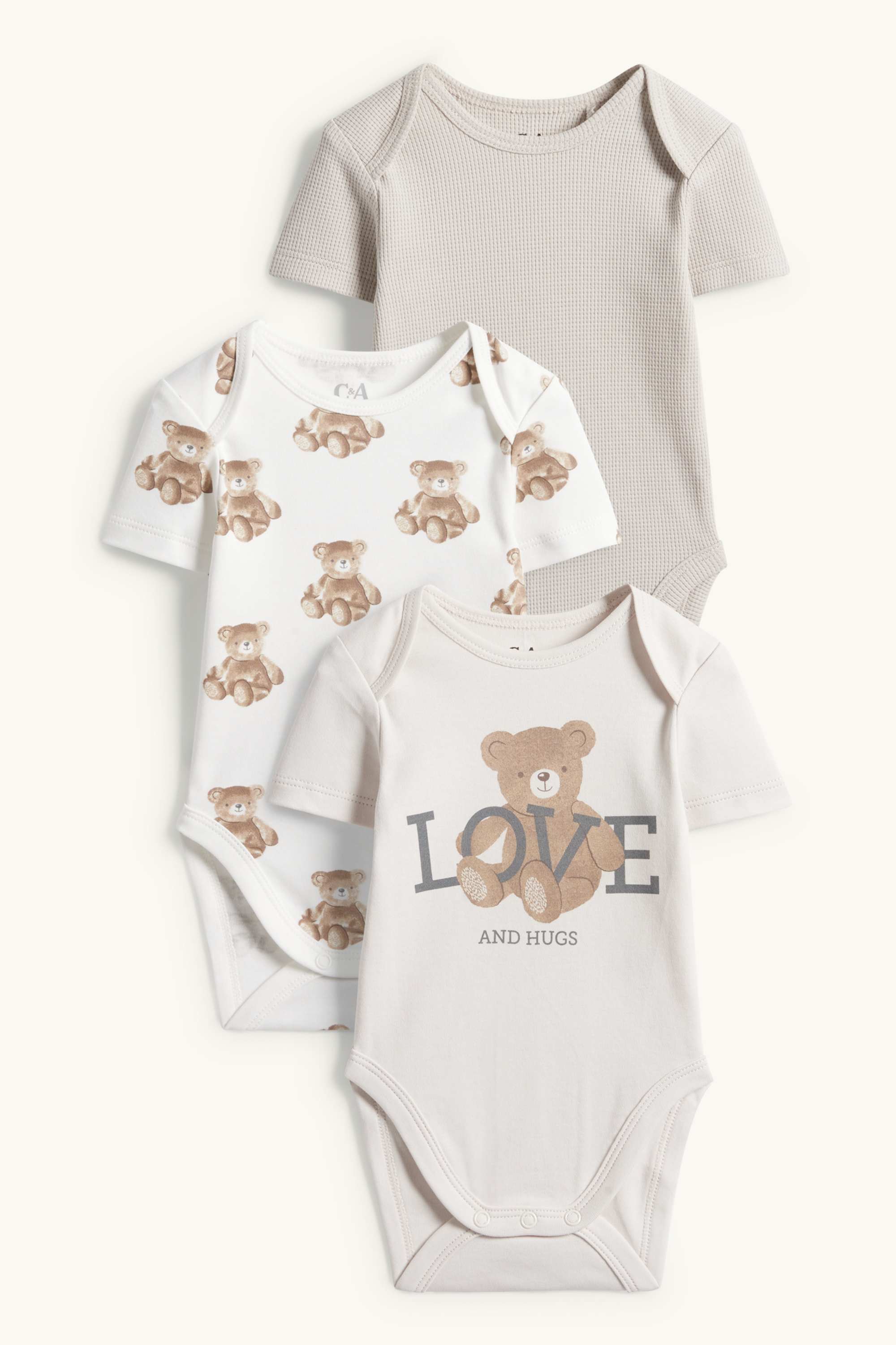 Multipack of 3 - teddy bear - baby bodysuit white / beige
