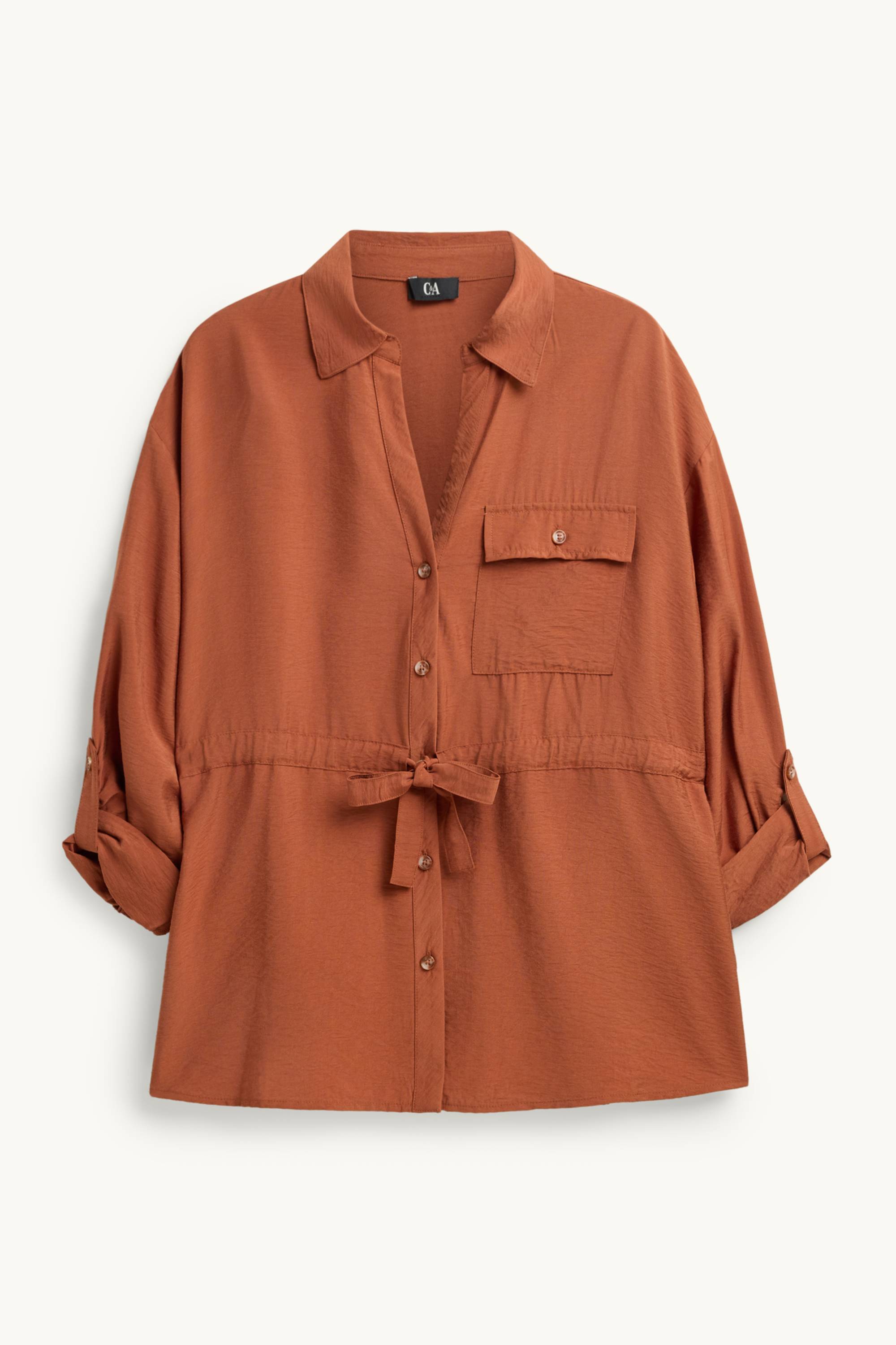 Linen blouse with knot detail and V-neck rust