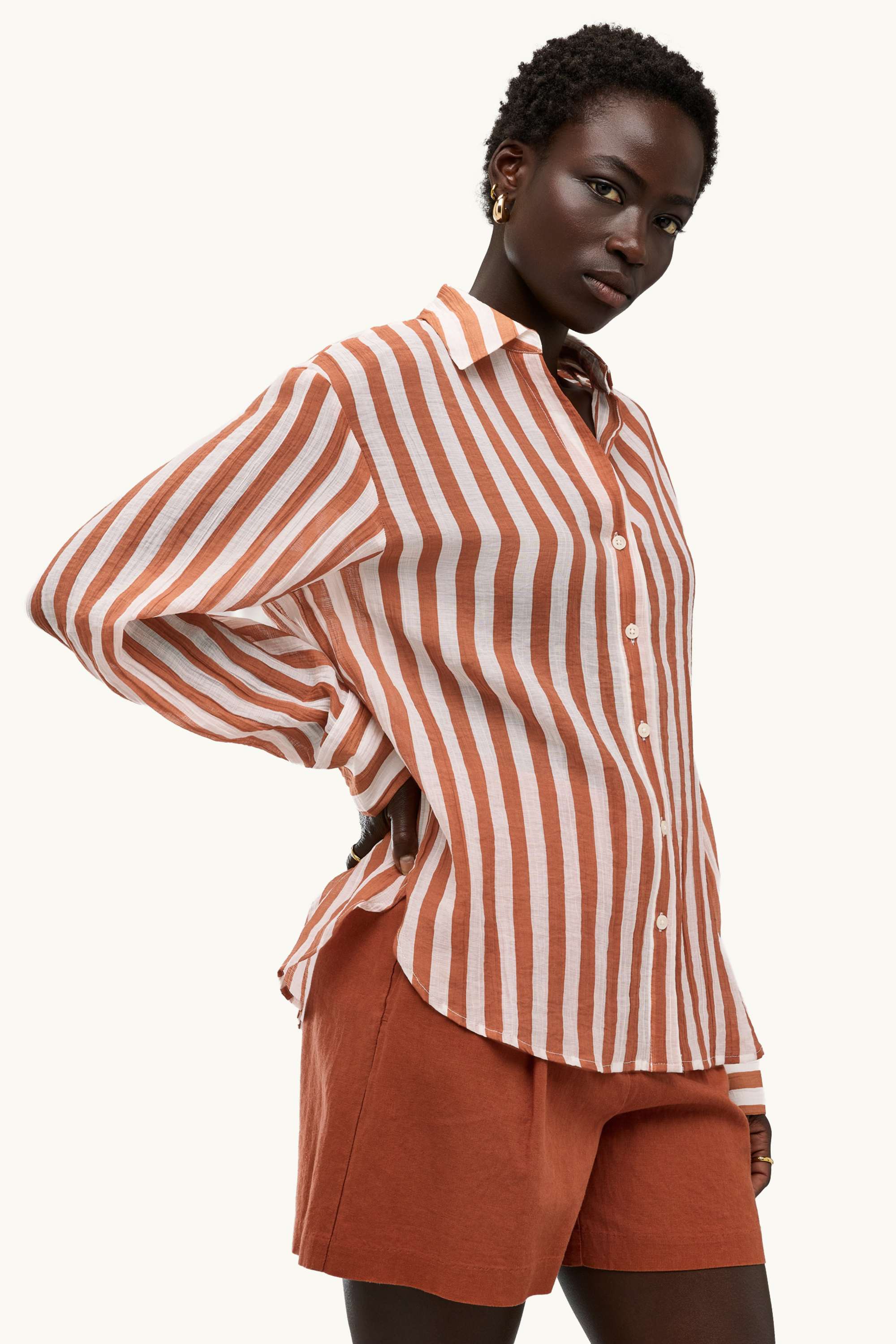 V-neck blouse - striped - textured light brown