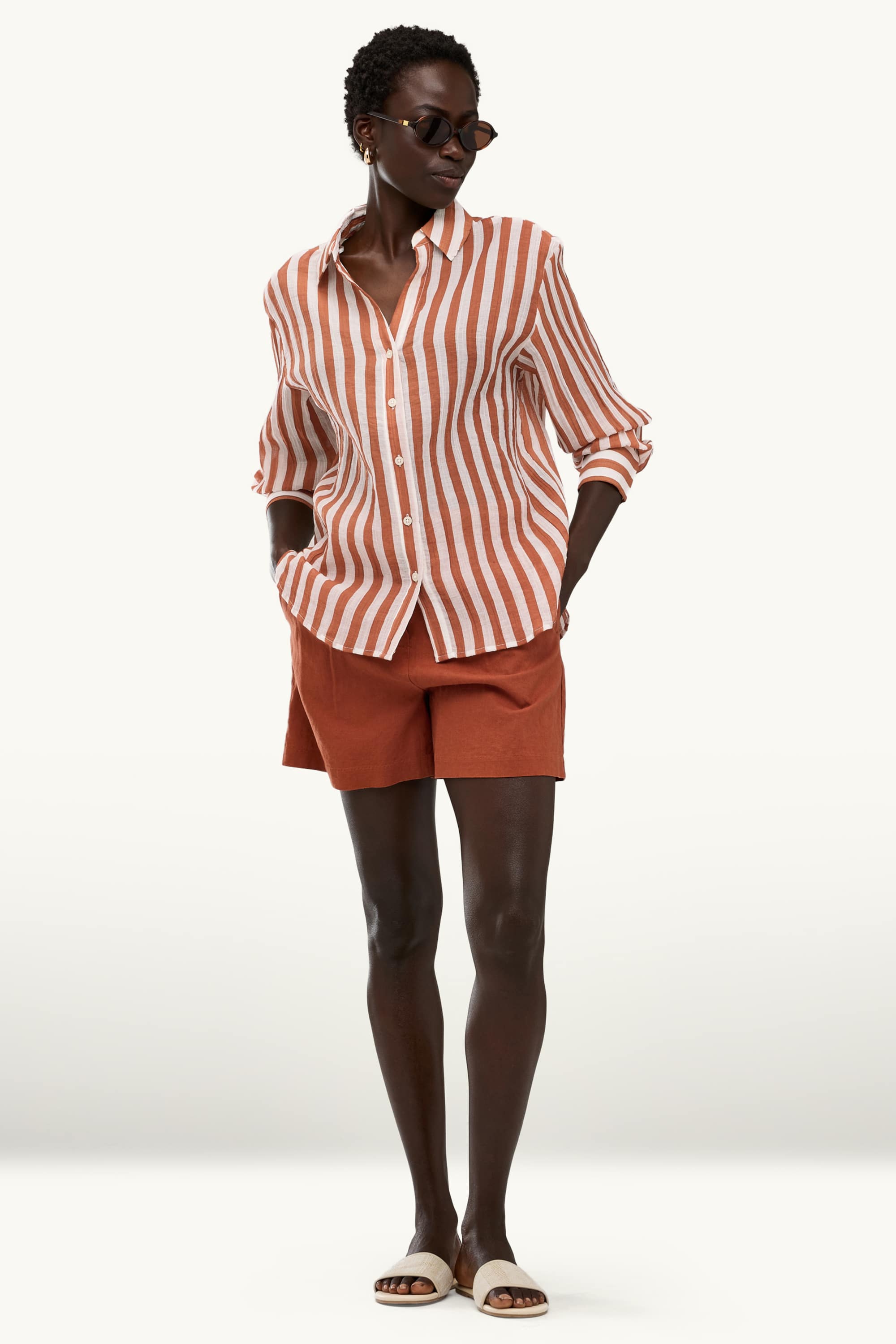 V-neck blouse - striped - textured light brown