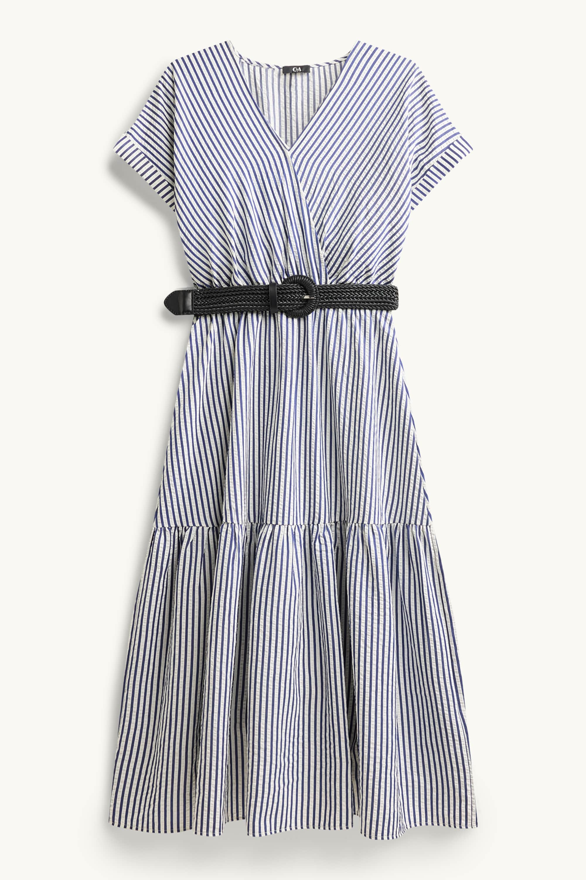 Dress with belt and V-neck - striped blue