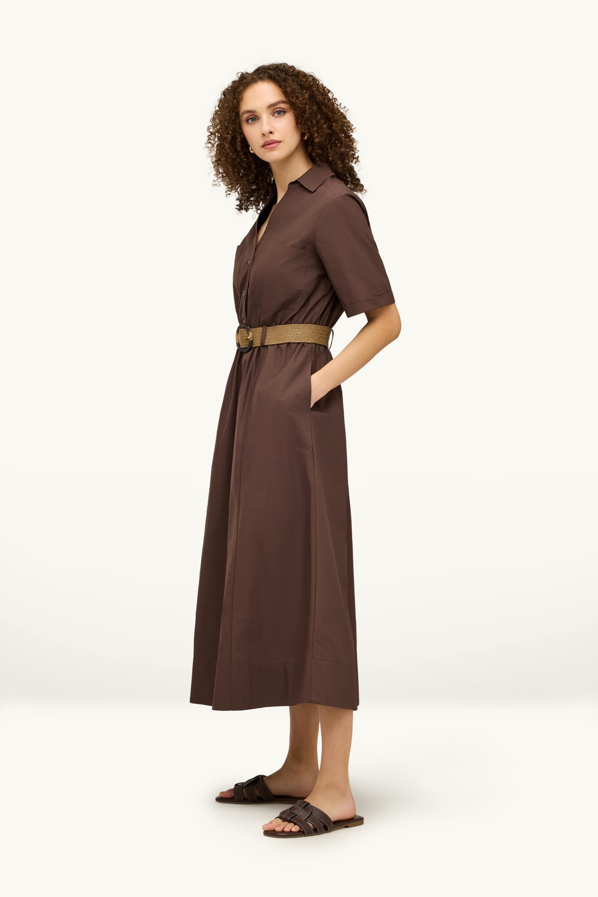V-neck dress with belt dark brown
