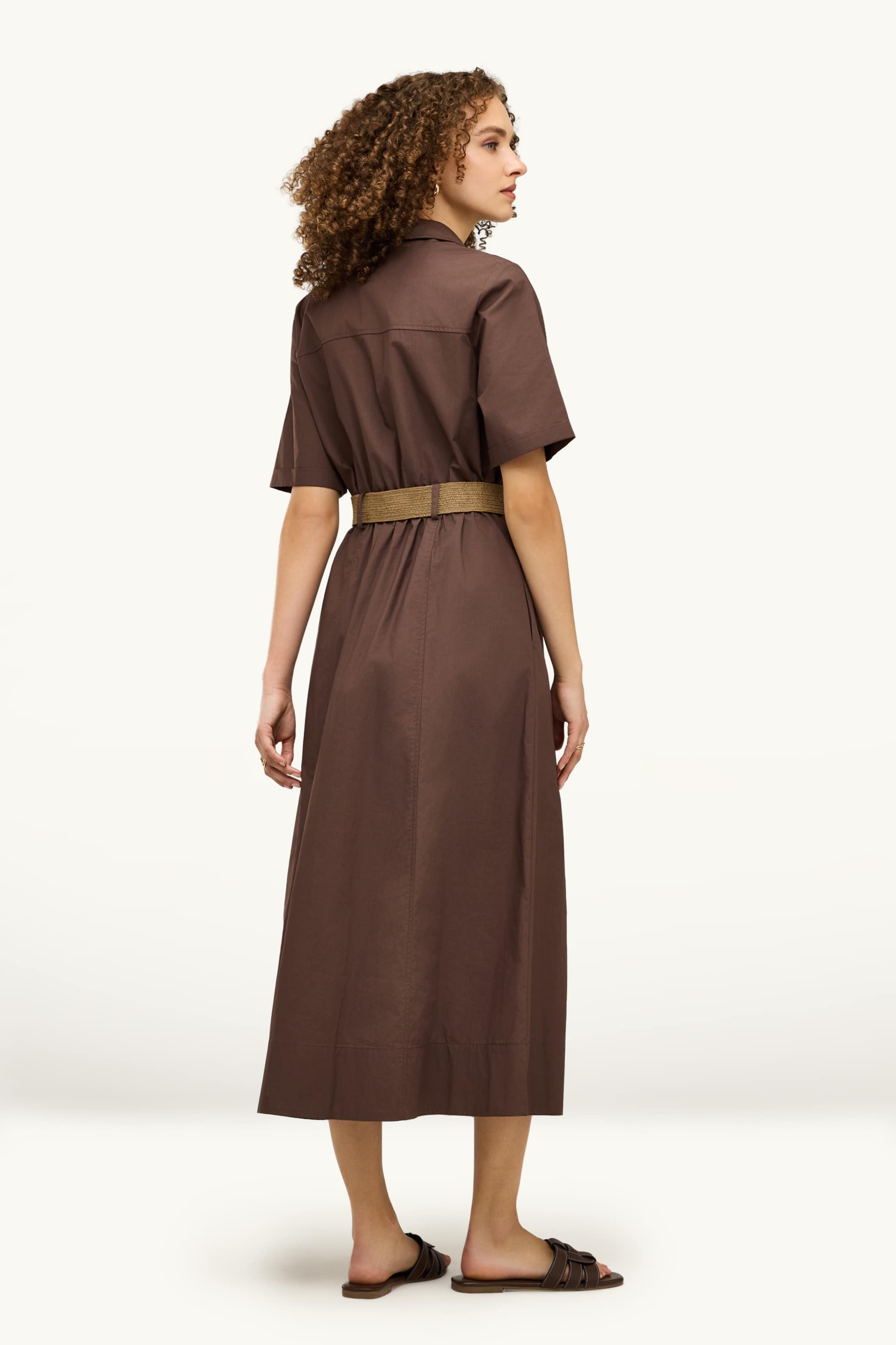 V-neck dress with belt dark brown