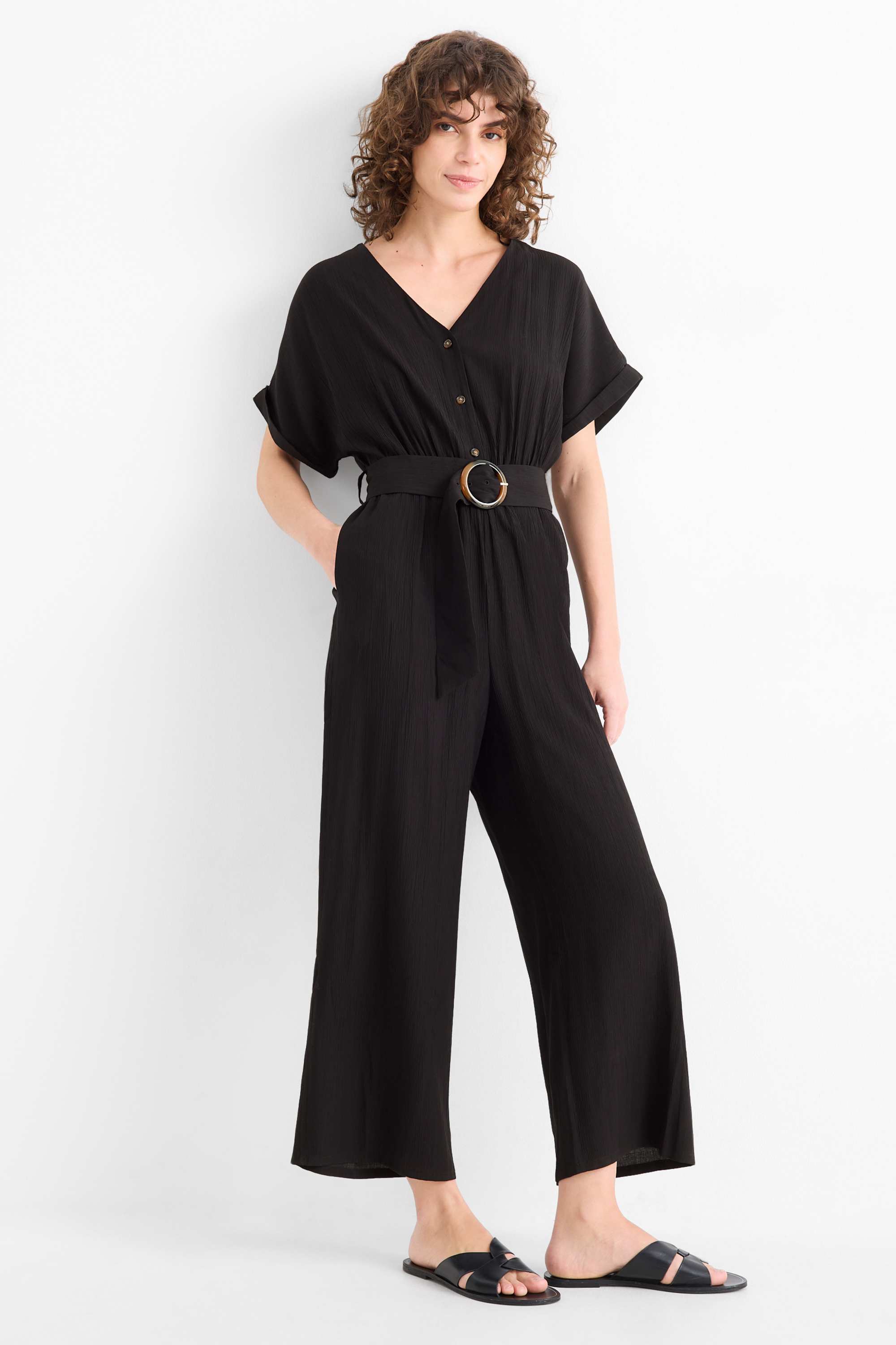 Jumpsuit with belt - textured black