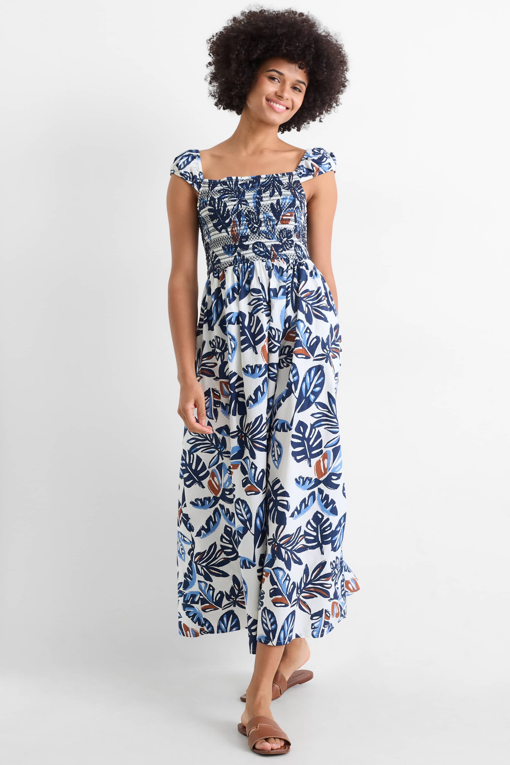 Dress - patterned - smocked dark blue / creme white