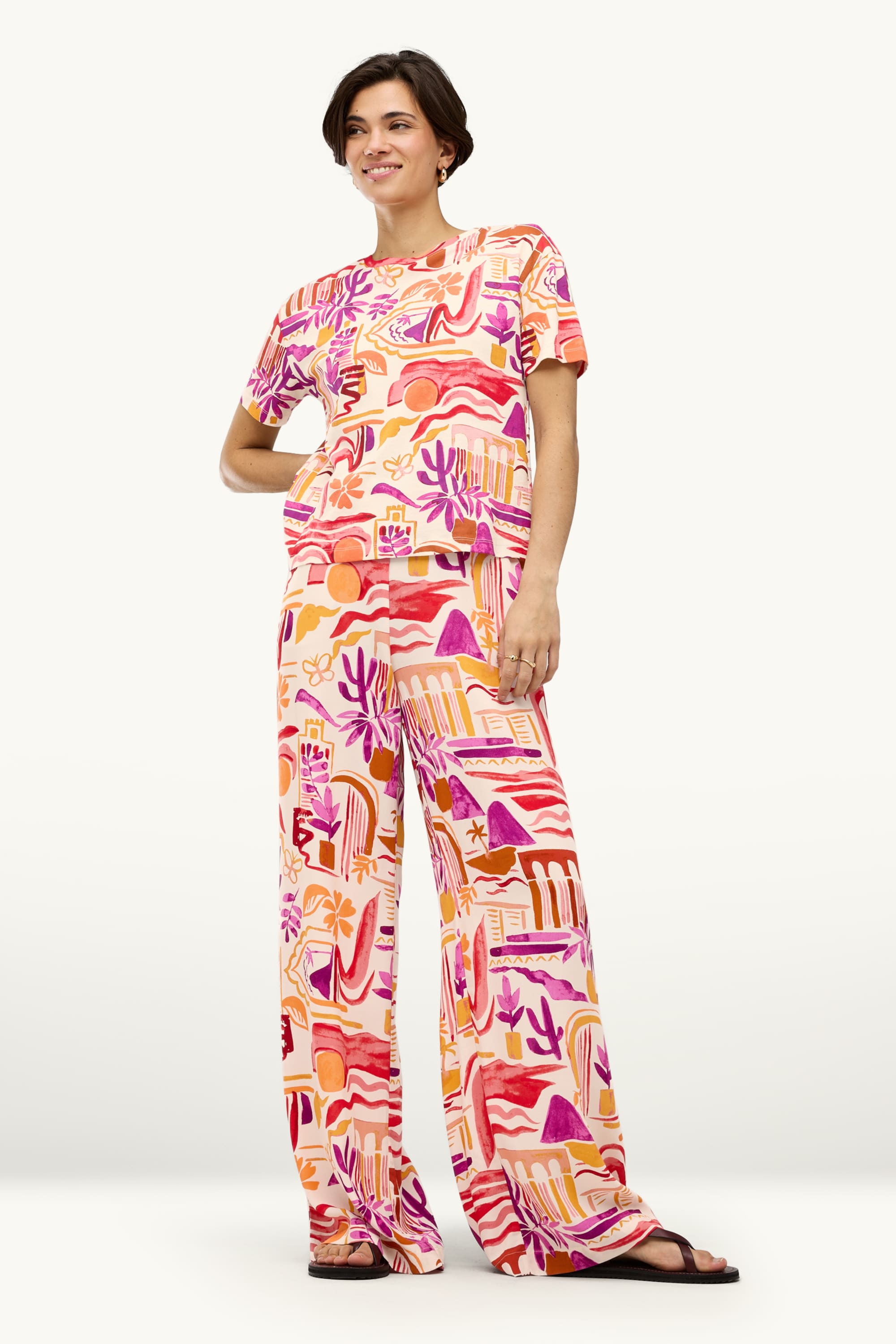 Cloth trousers - mid waist - palazzo - patterned orange
