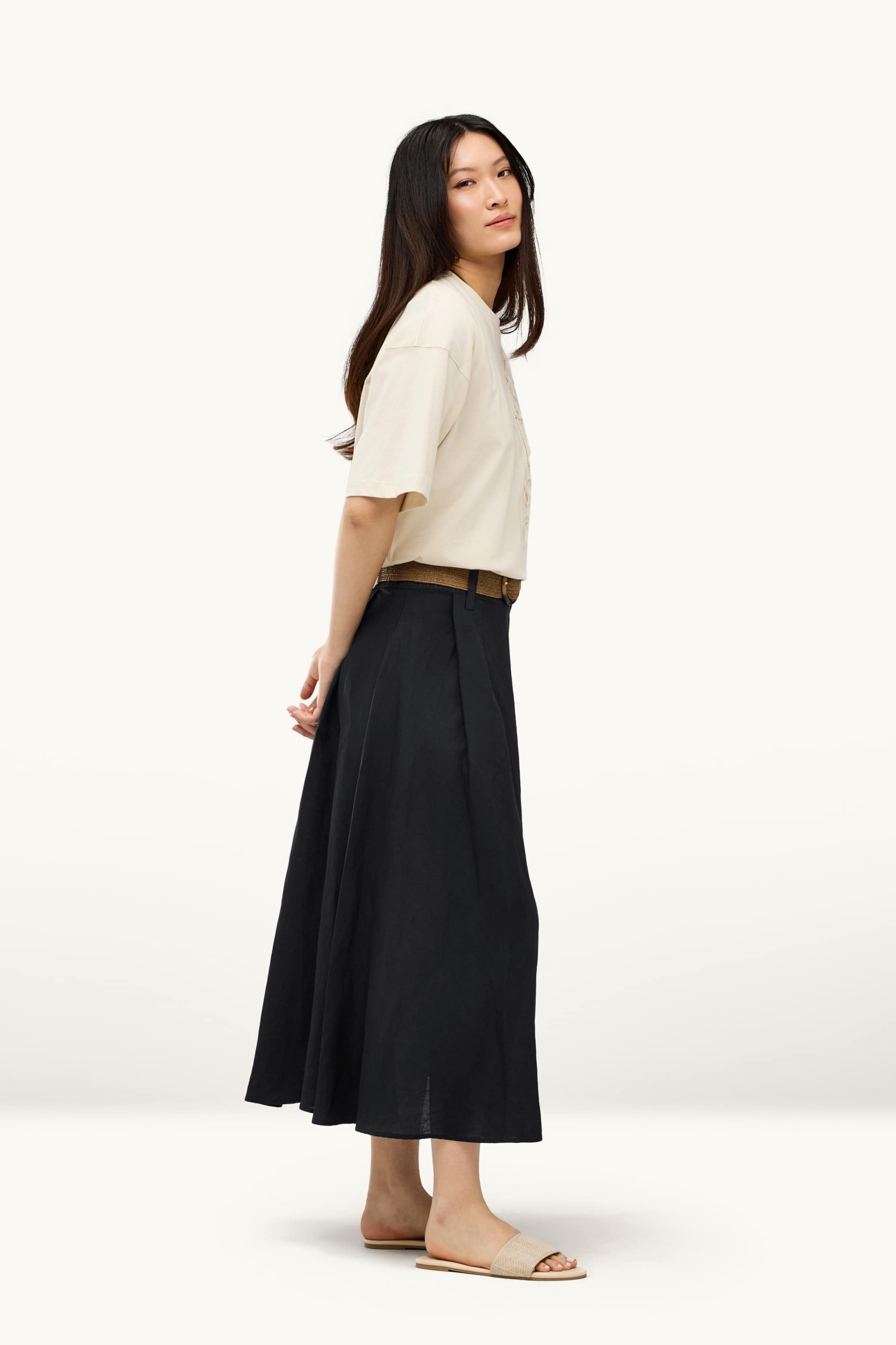 Skirt with belt - linen blend black