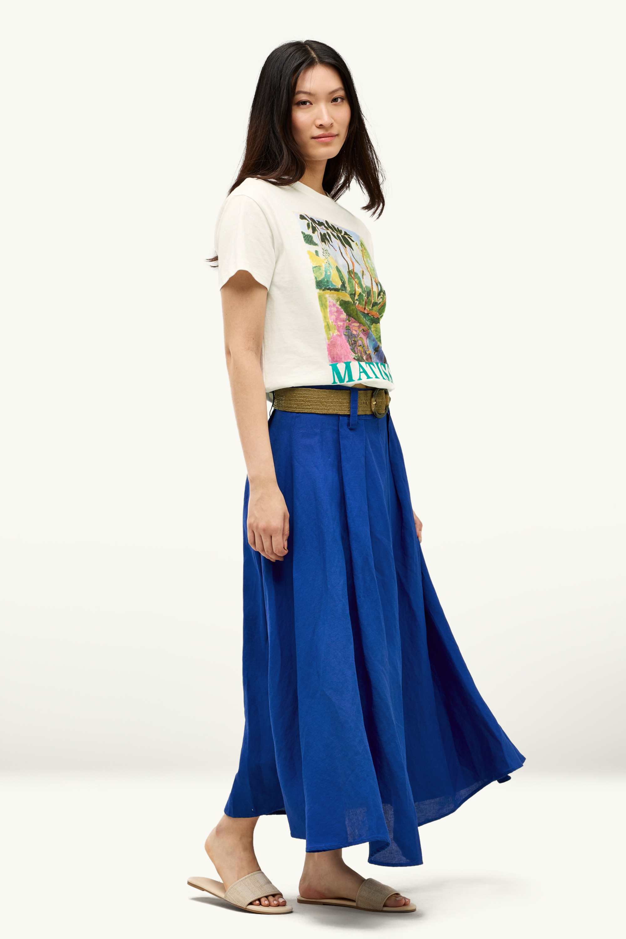 Skirt with belt - linen blend blue