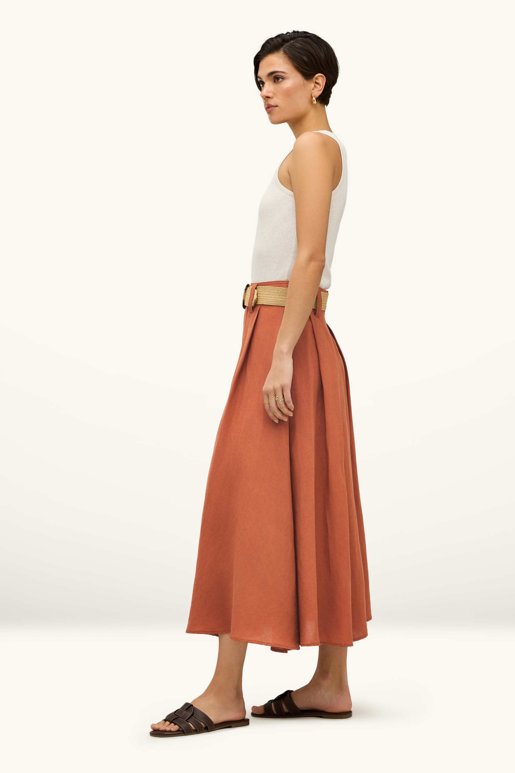 Skirt with belt - linen blend orange