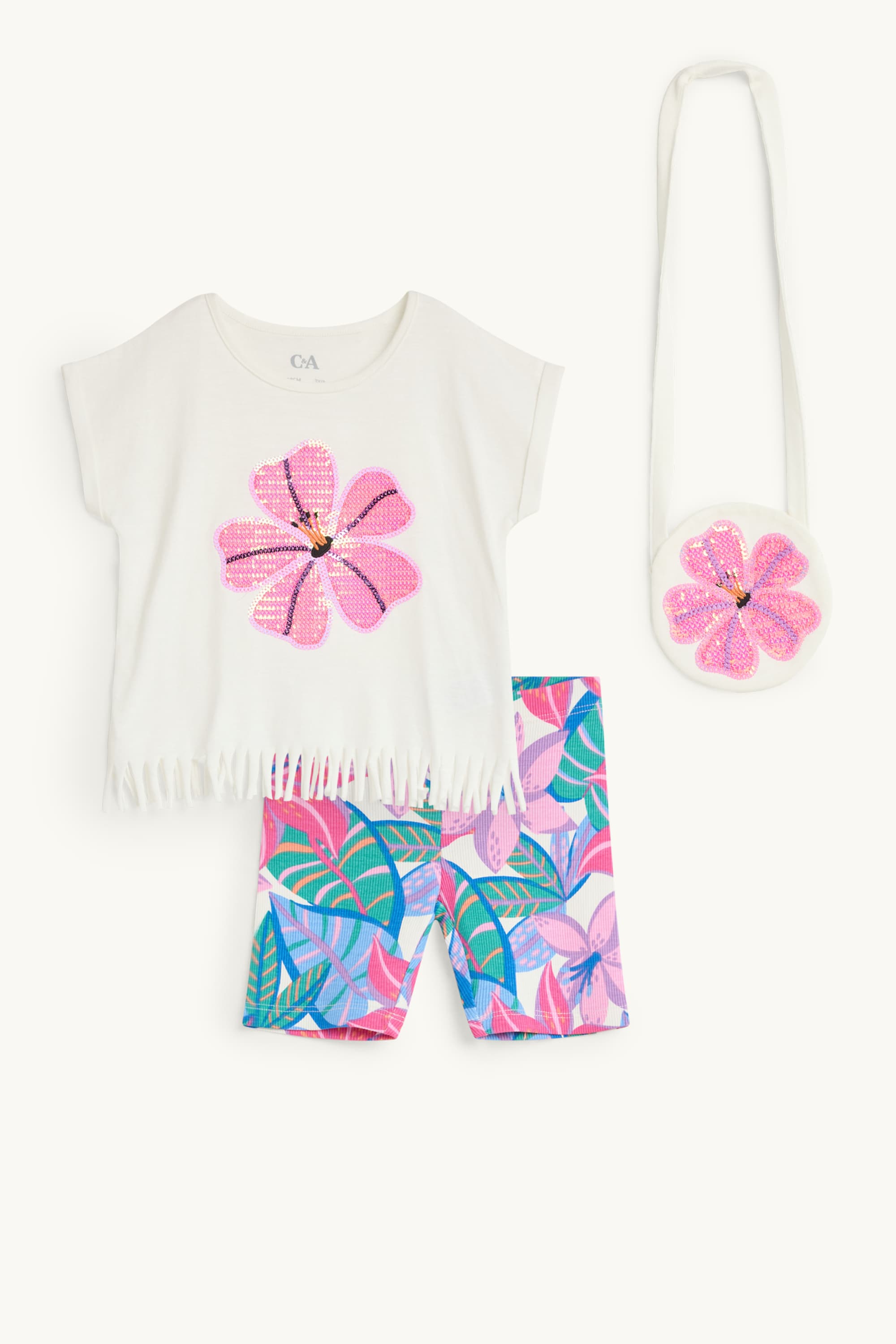 Floral - set - short sleeve T-shirt, shorts and bag - 3 piece white / pink