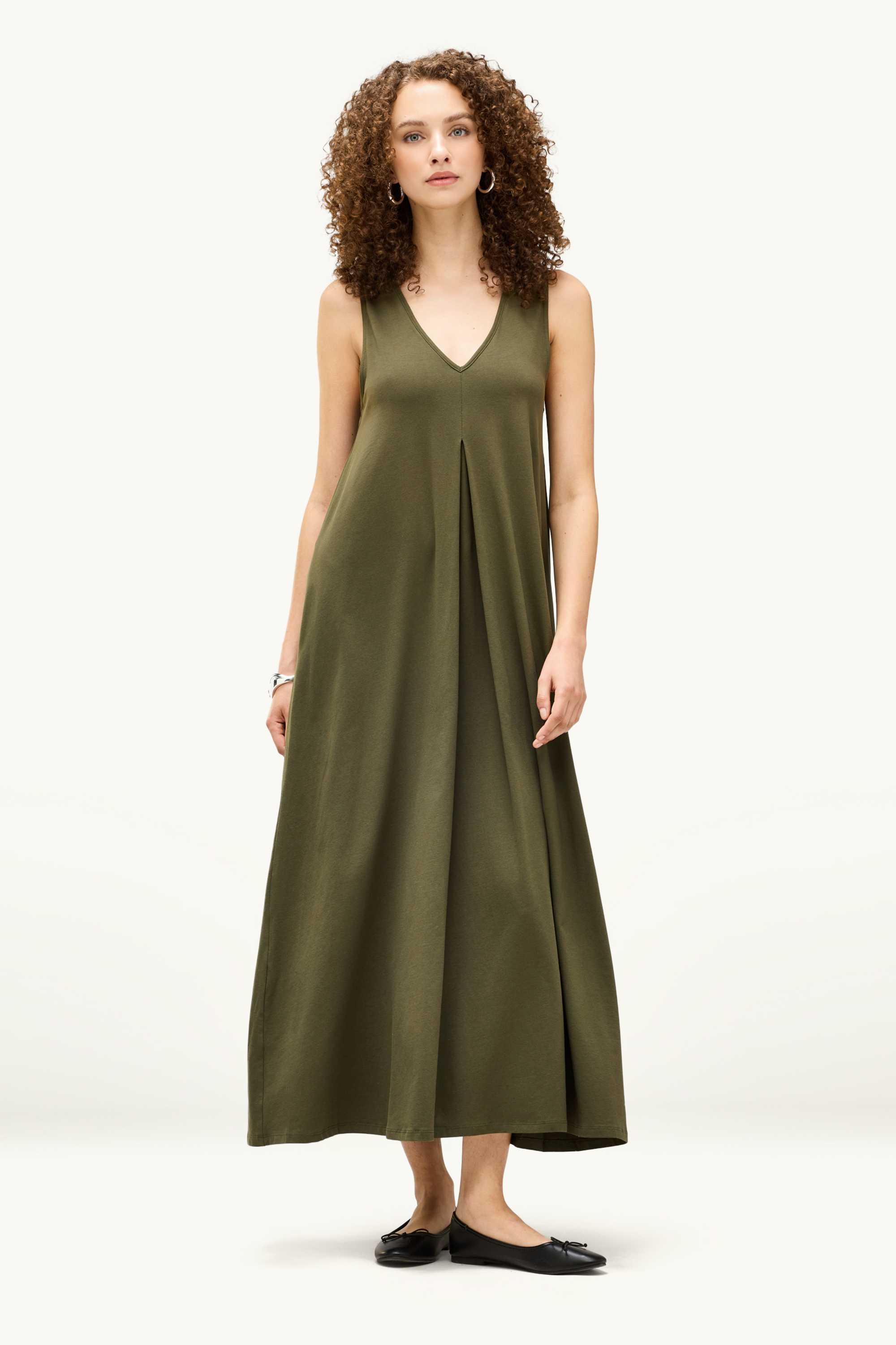 V-neck A-line dress khaki