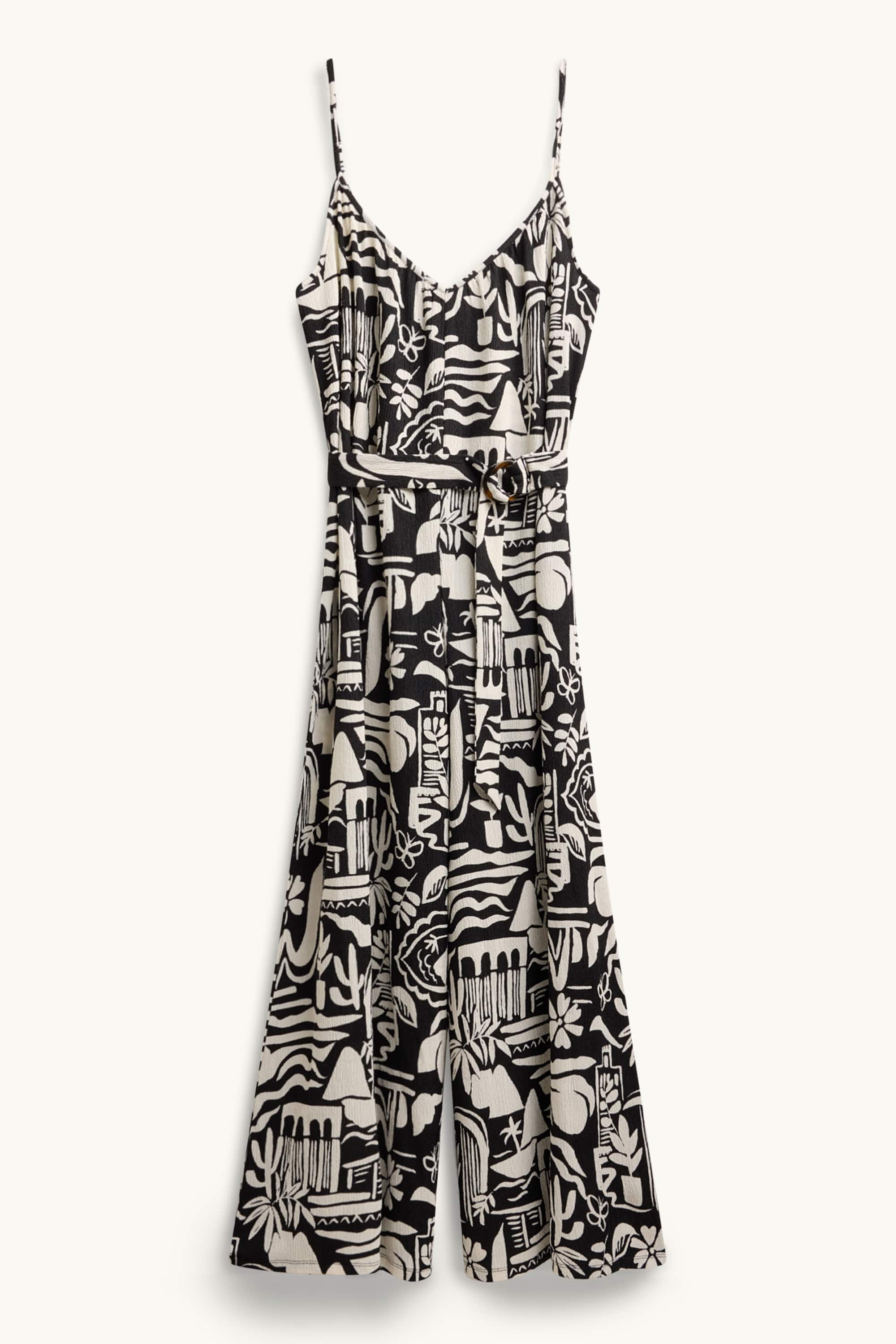 V-neck jumpsuit and belt - patterned black / white