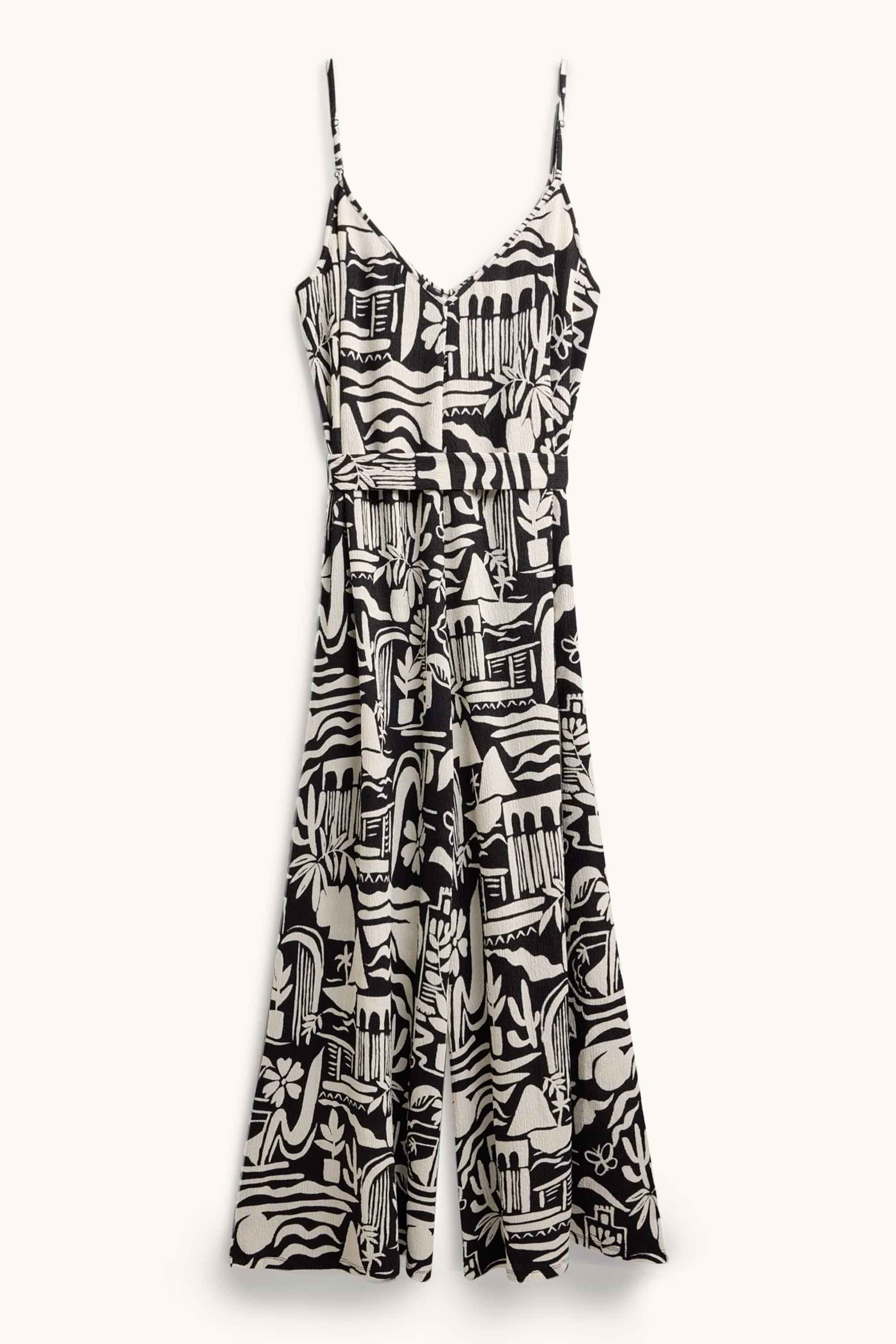 V-neck jumpsuit and belt - patterned black / white