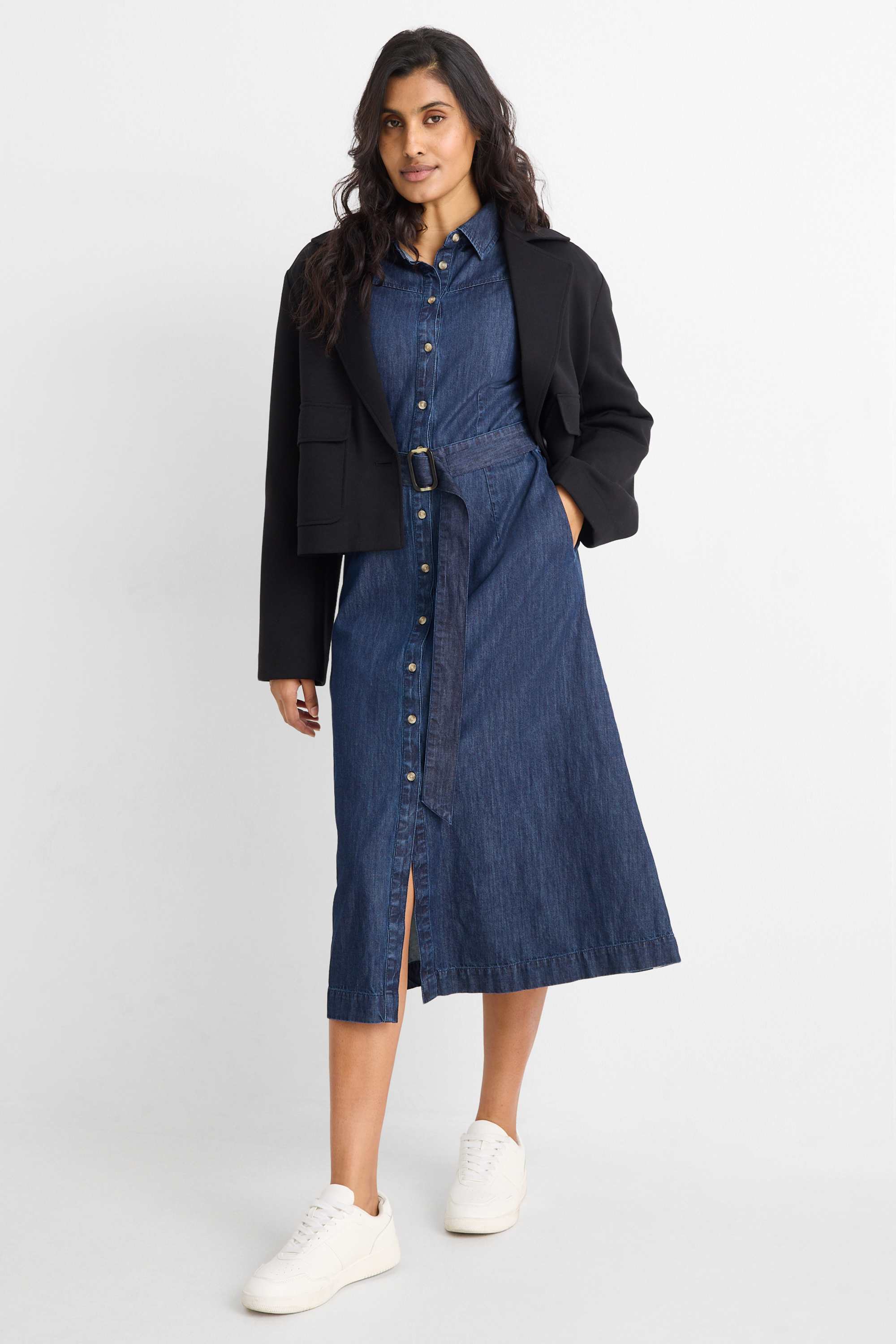 Denim shirt dress with belt dark blue