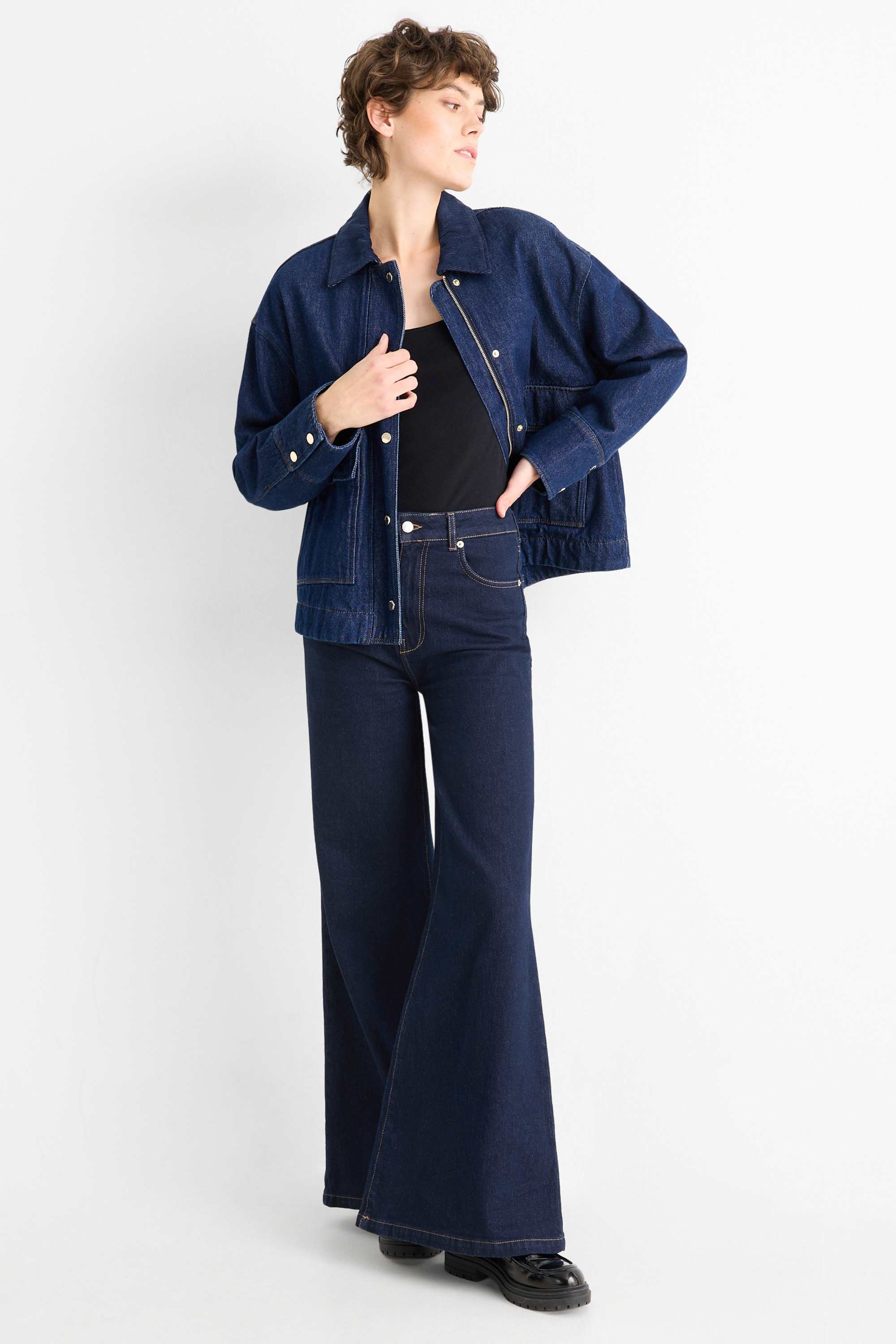 Flared jeans - high waist denim-dark blue