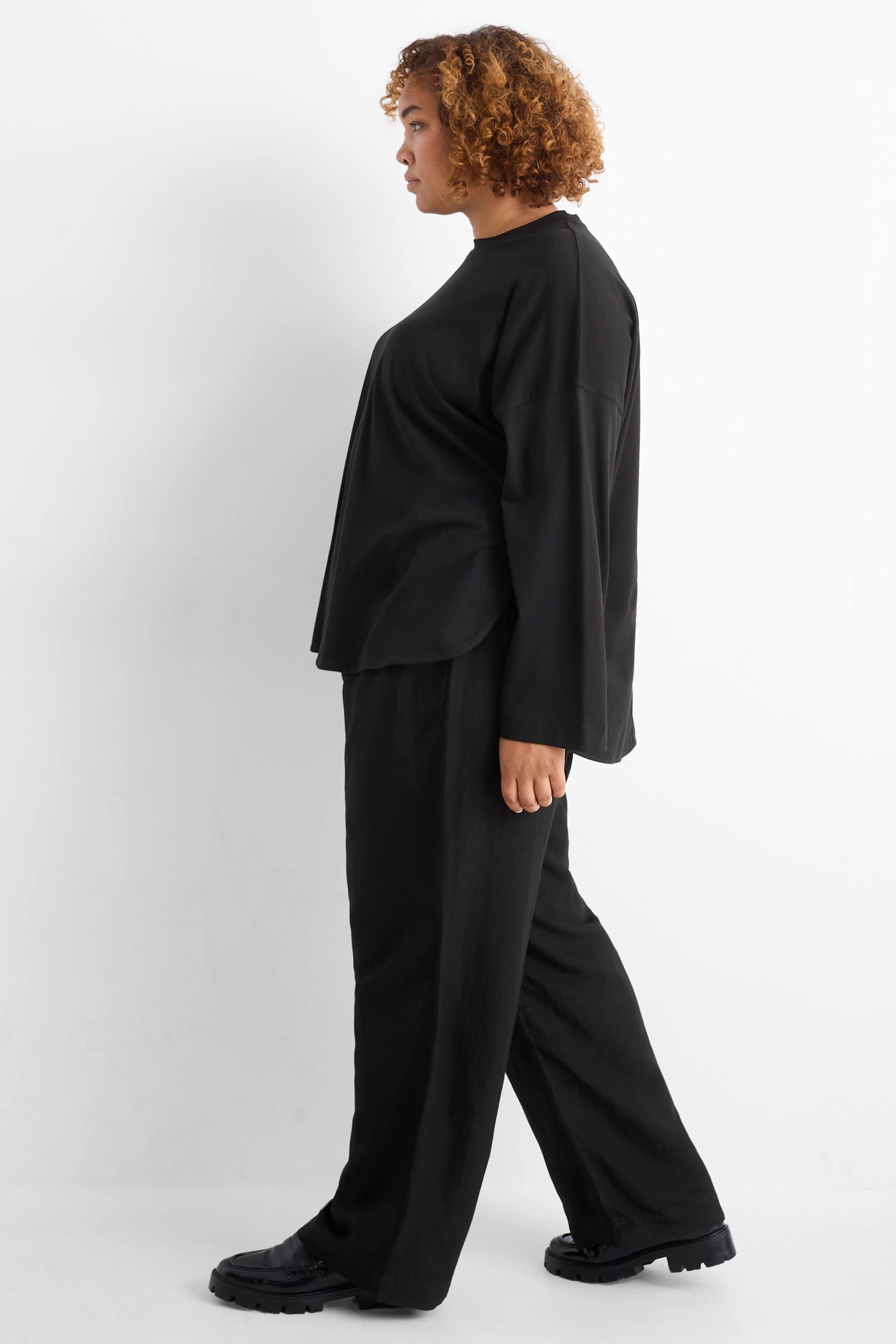 Cloth trousers - mid-rise waist - wide leg - linen blend black