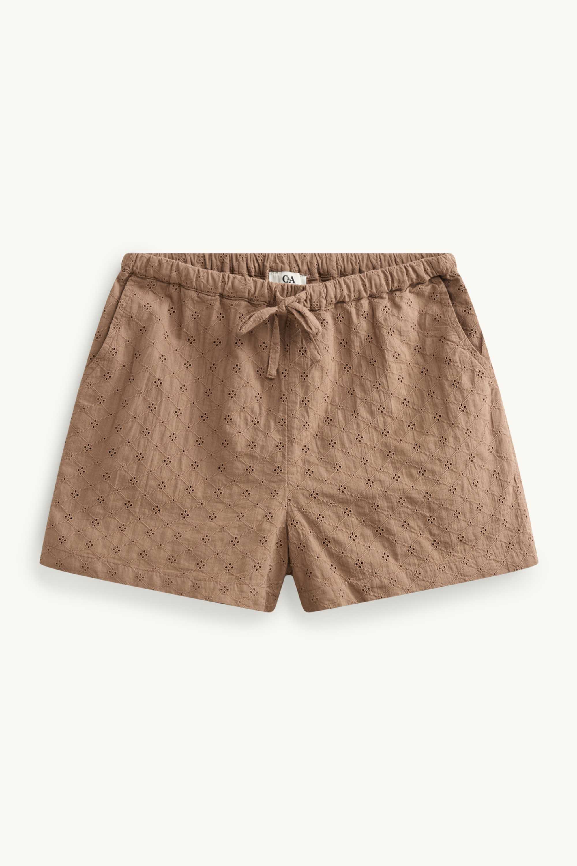 Shorts - mid-rise waist - broderie anglaise light brown