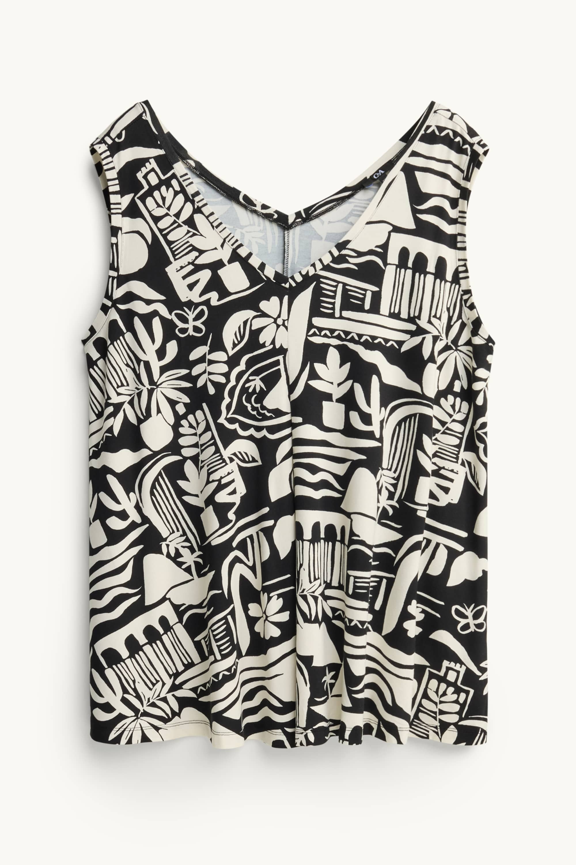 V-neck top - patterned white / black