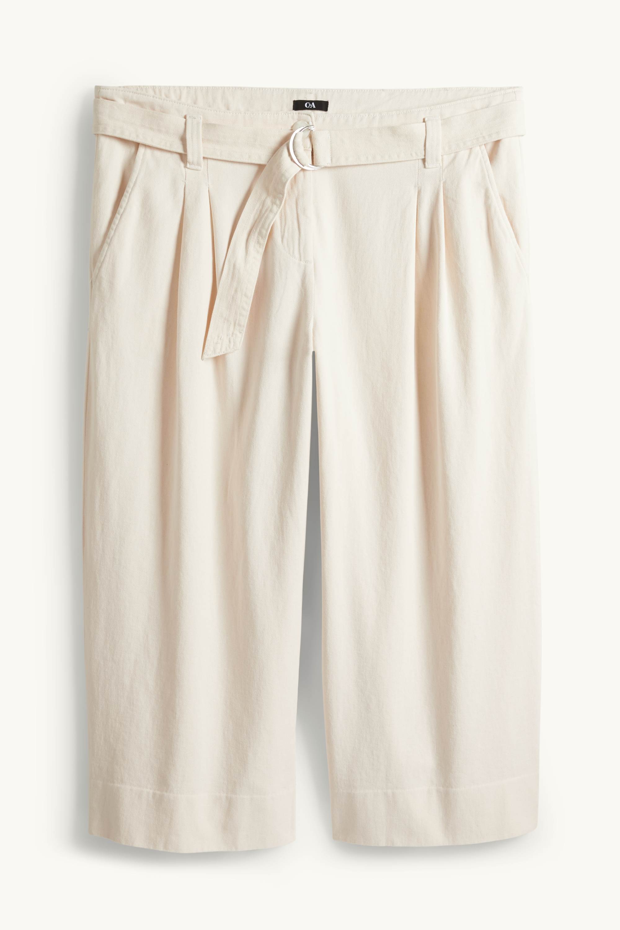 Cropped cloth trousers with belt - high-rise waist - wide leg light beige