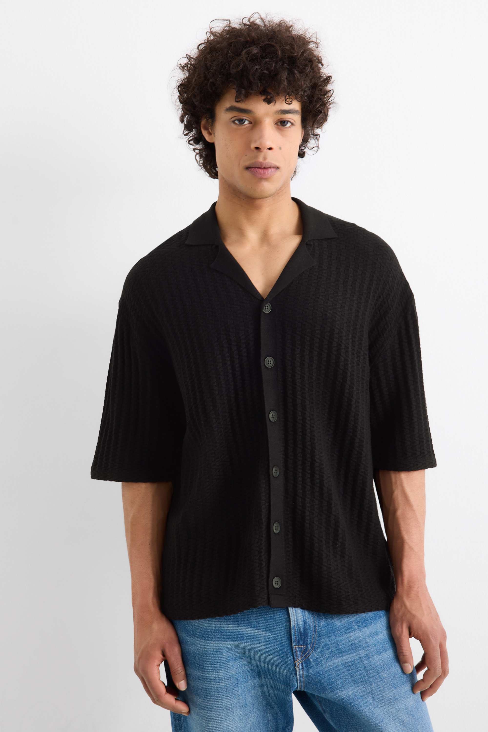 Knitted shirt - regular fit - lapel collar - textured black