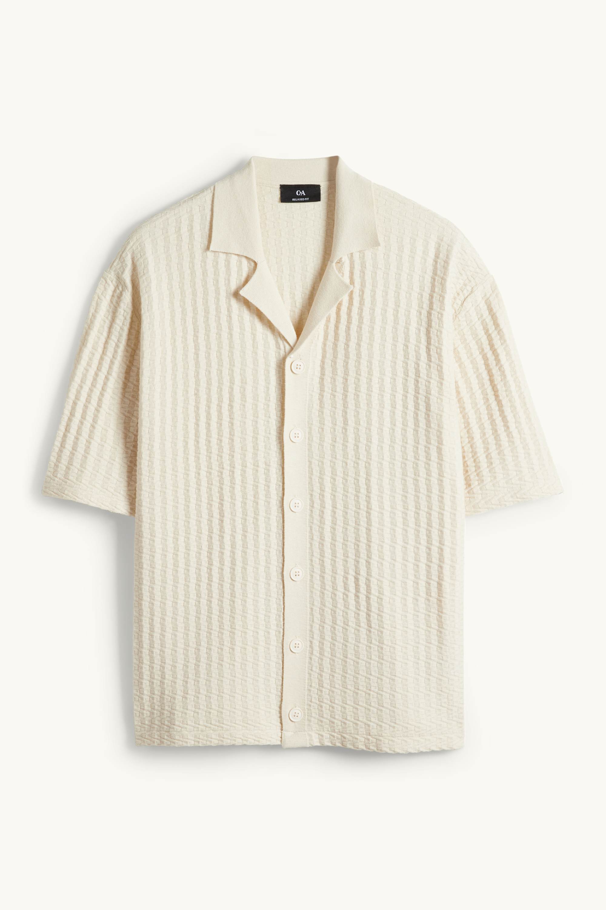 Knitted shirt - regular fit - lapel collar - textured light beige
