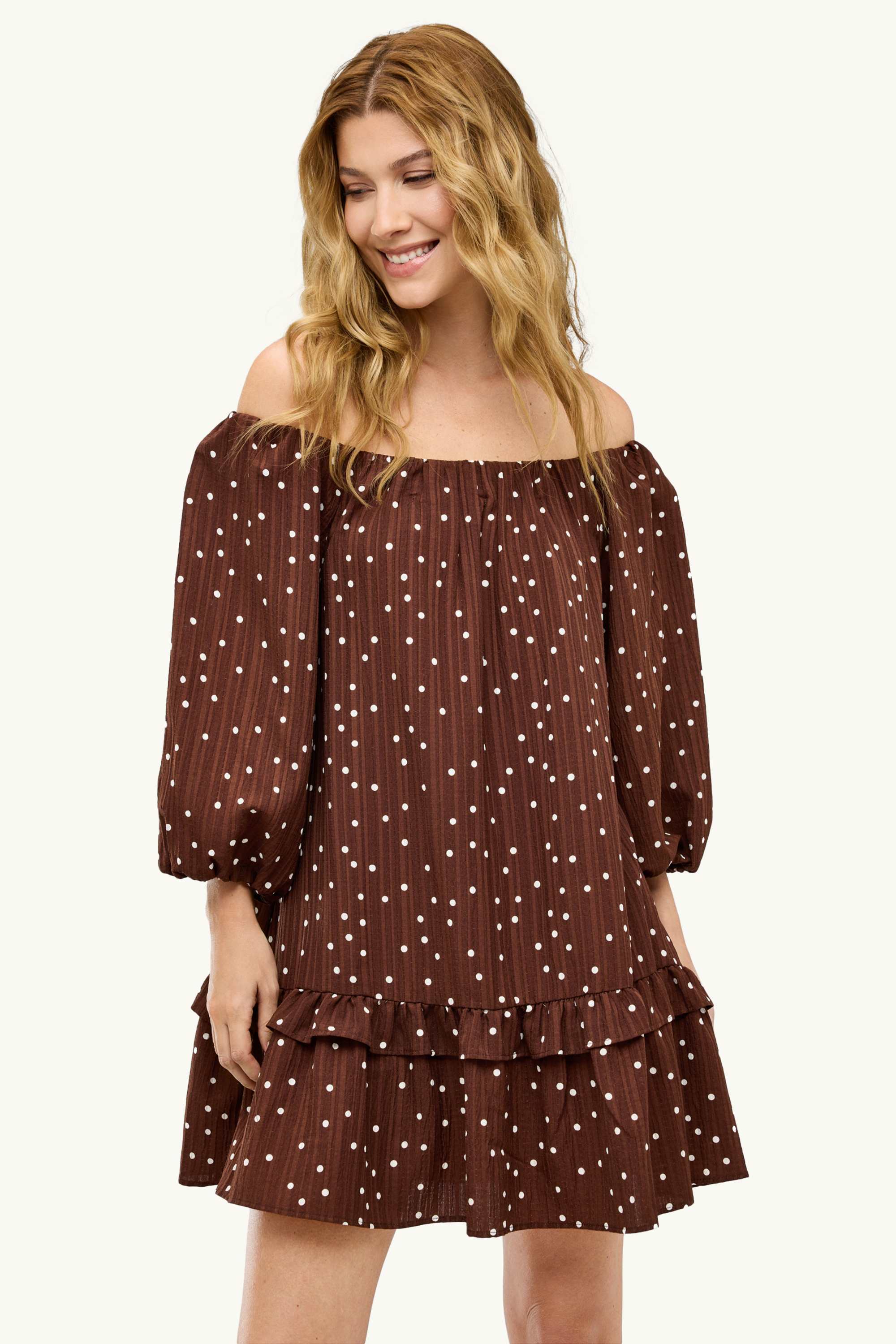 Cheesecloth dress - polka dot brown