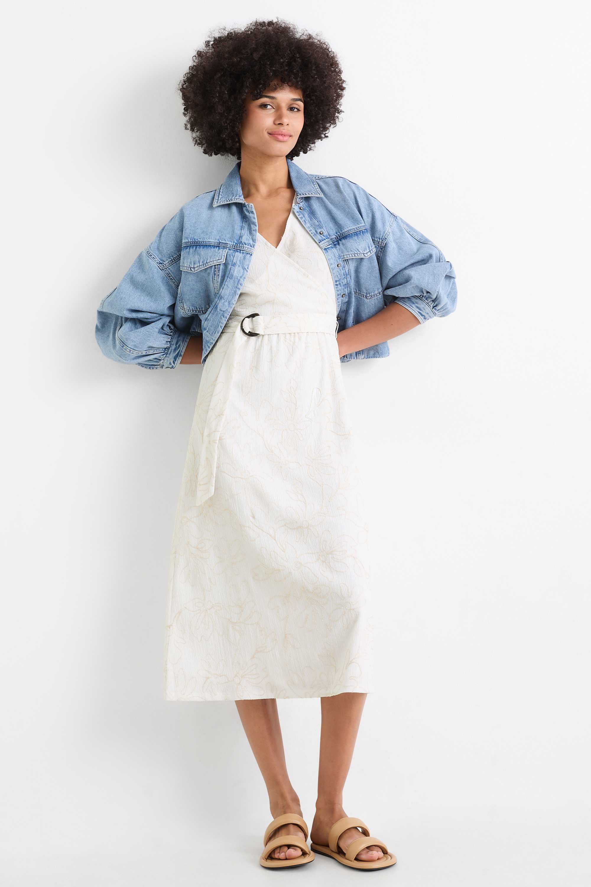 Fit & flare dress with belt - floral - textured cremewhite