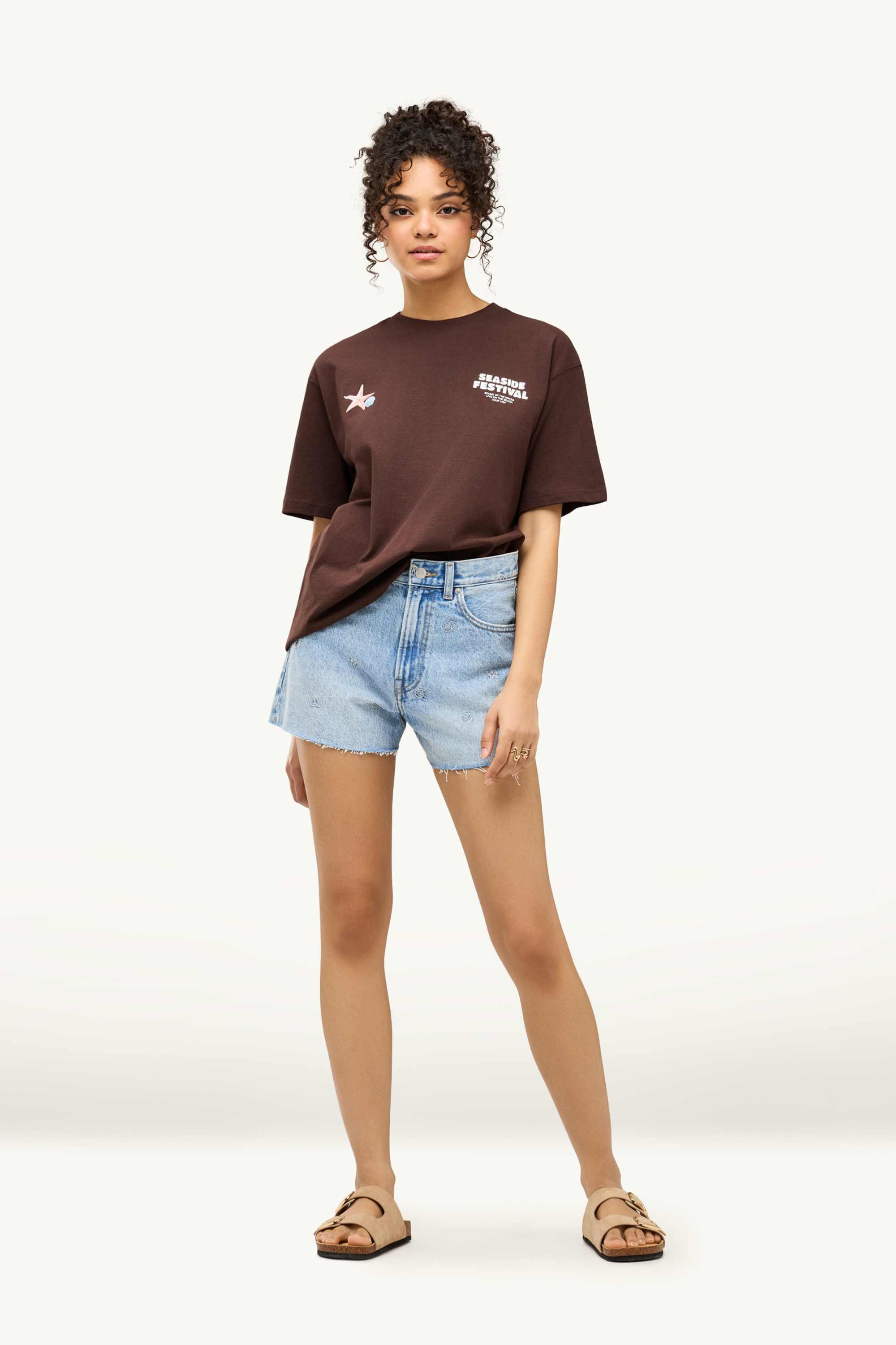 Mom shorts - high waist - patterned denim-light blue