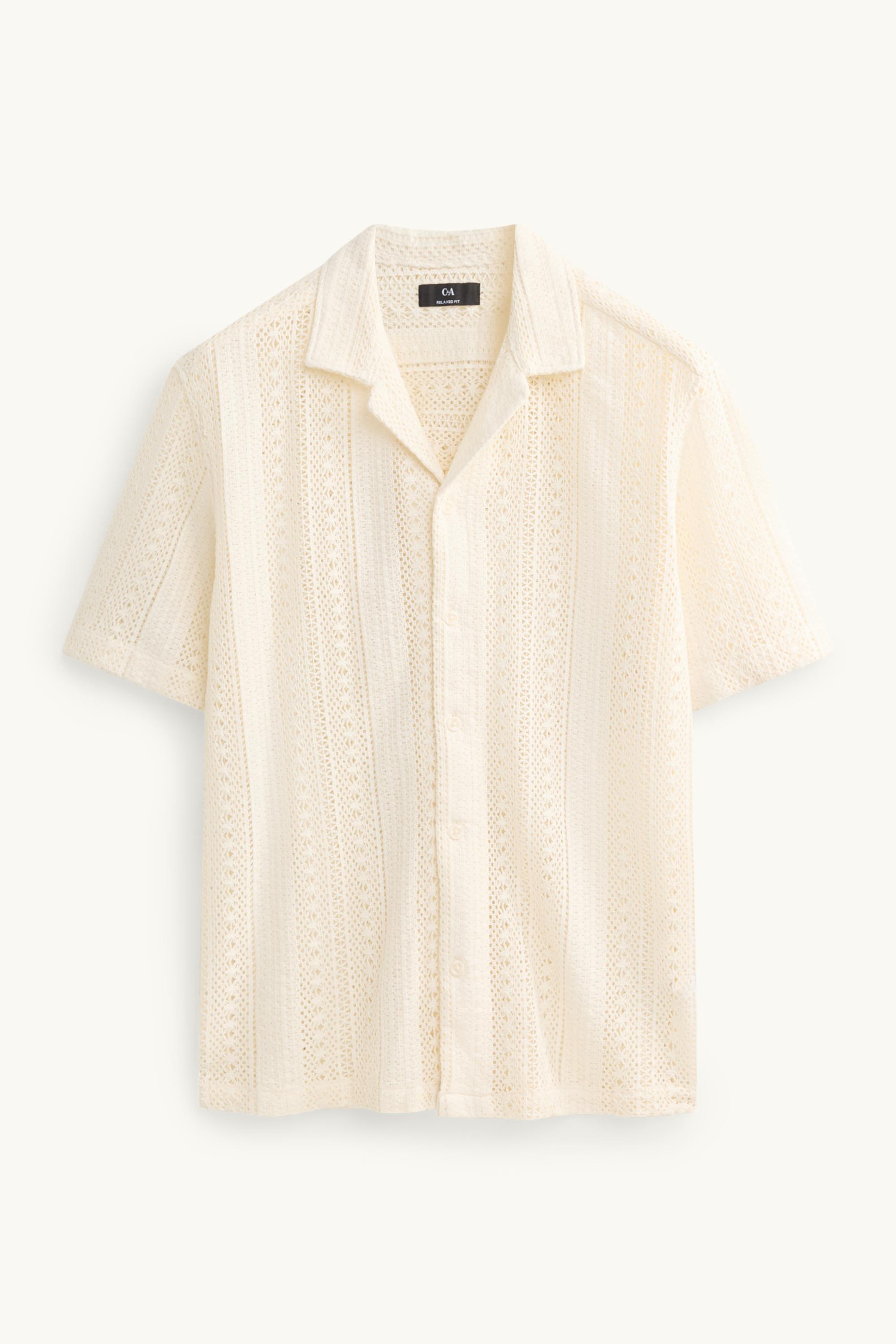 Knitted shirt - relaxed fit - lapel collar - striped creme