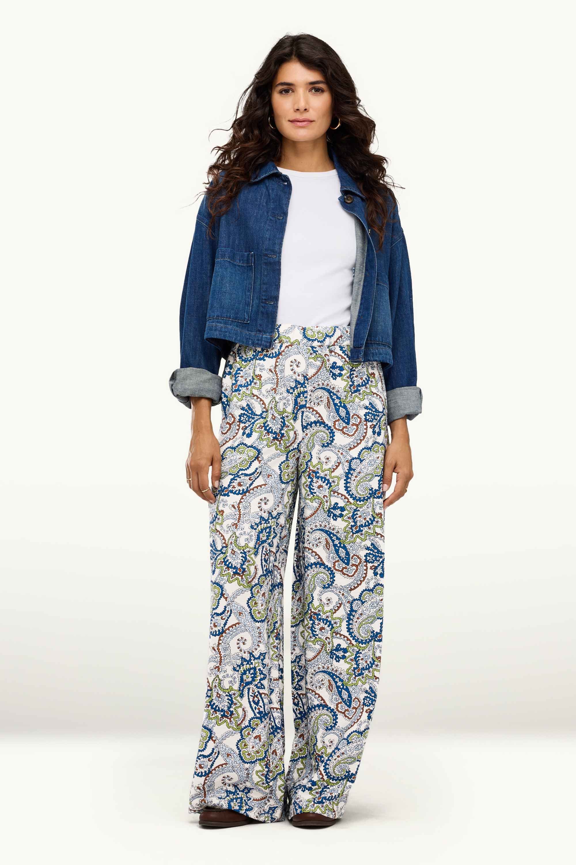Cloth trousers - high waist - wide leg - patterned white / blue