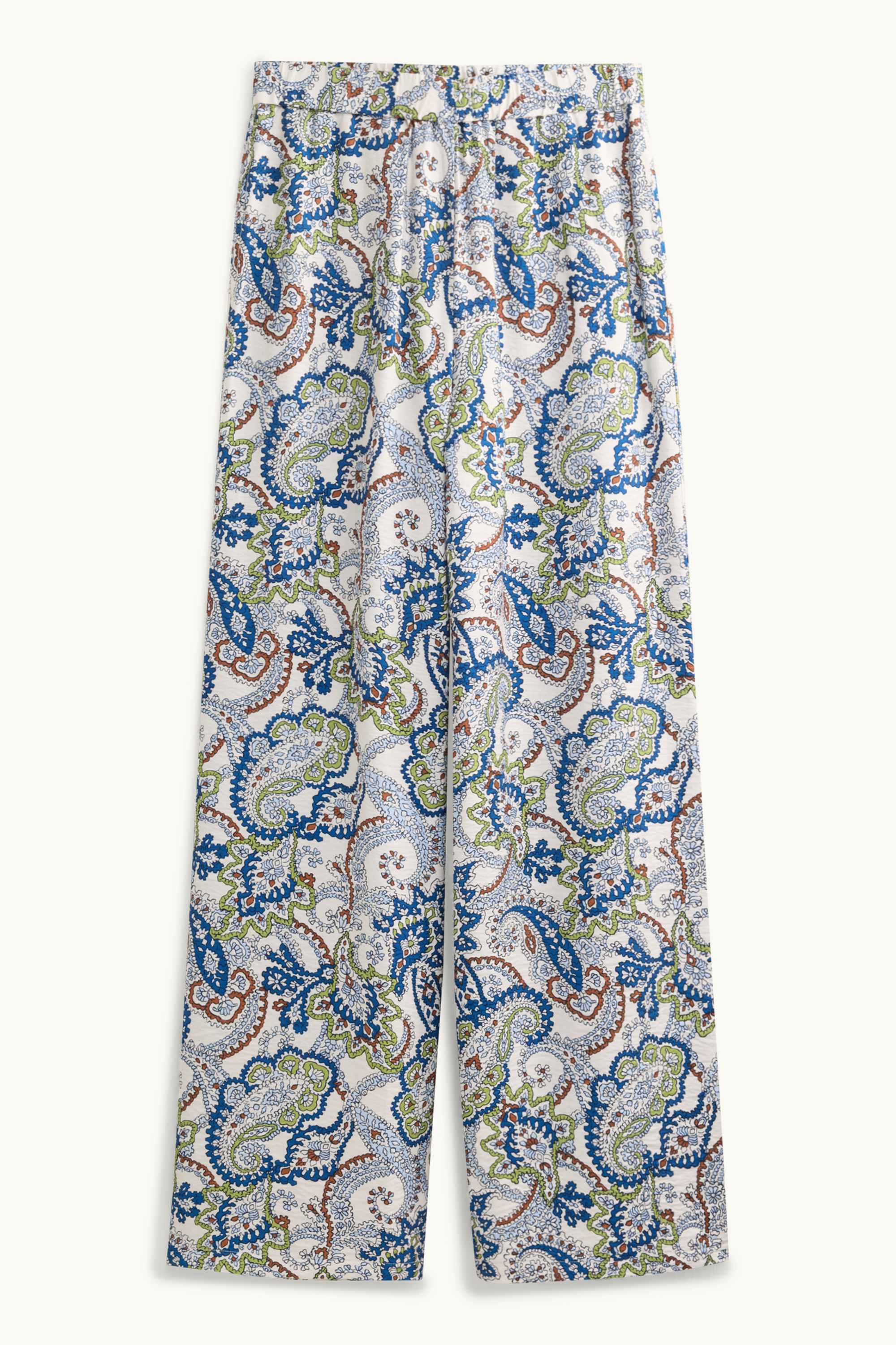 Cloth trousers - high waist - wide leg - patterned white / blue