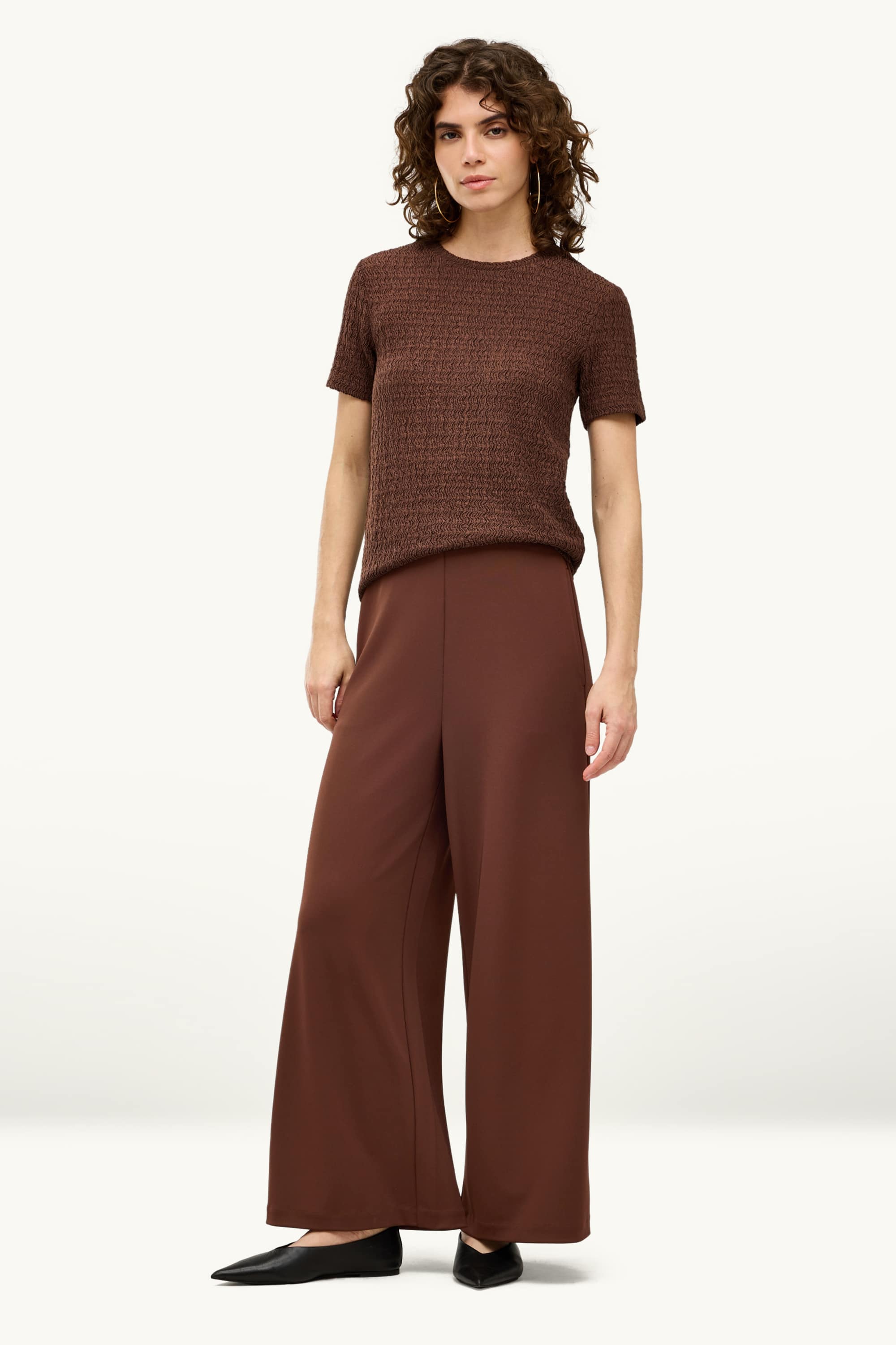 Jersey trousers - high waist - wide leg dark brown