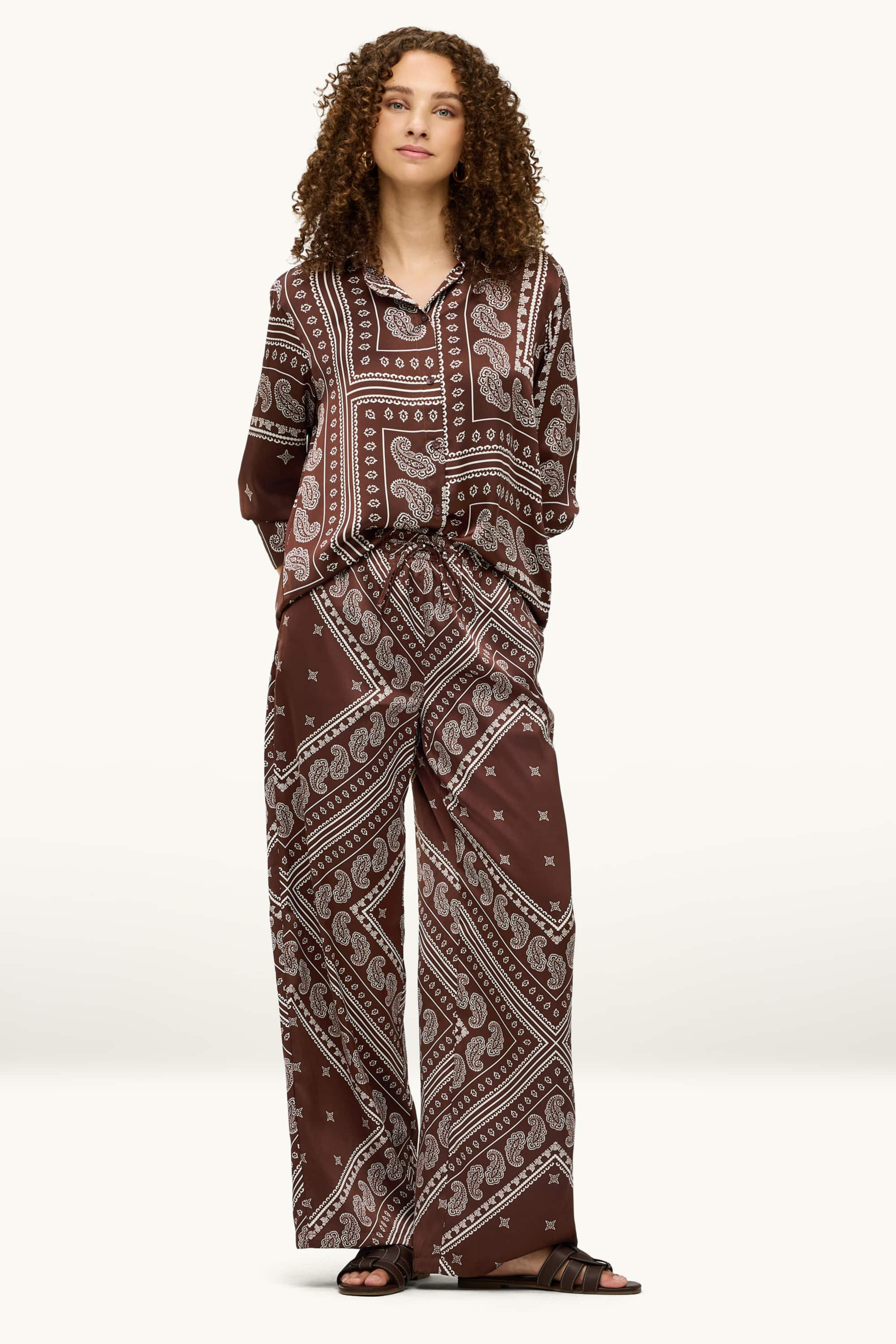 Cloth trousers - mid-rise waist - wide leg - patterned brown