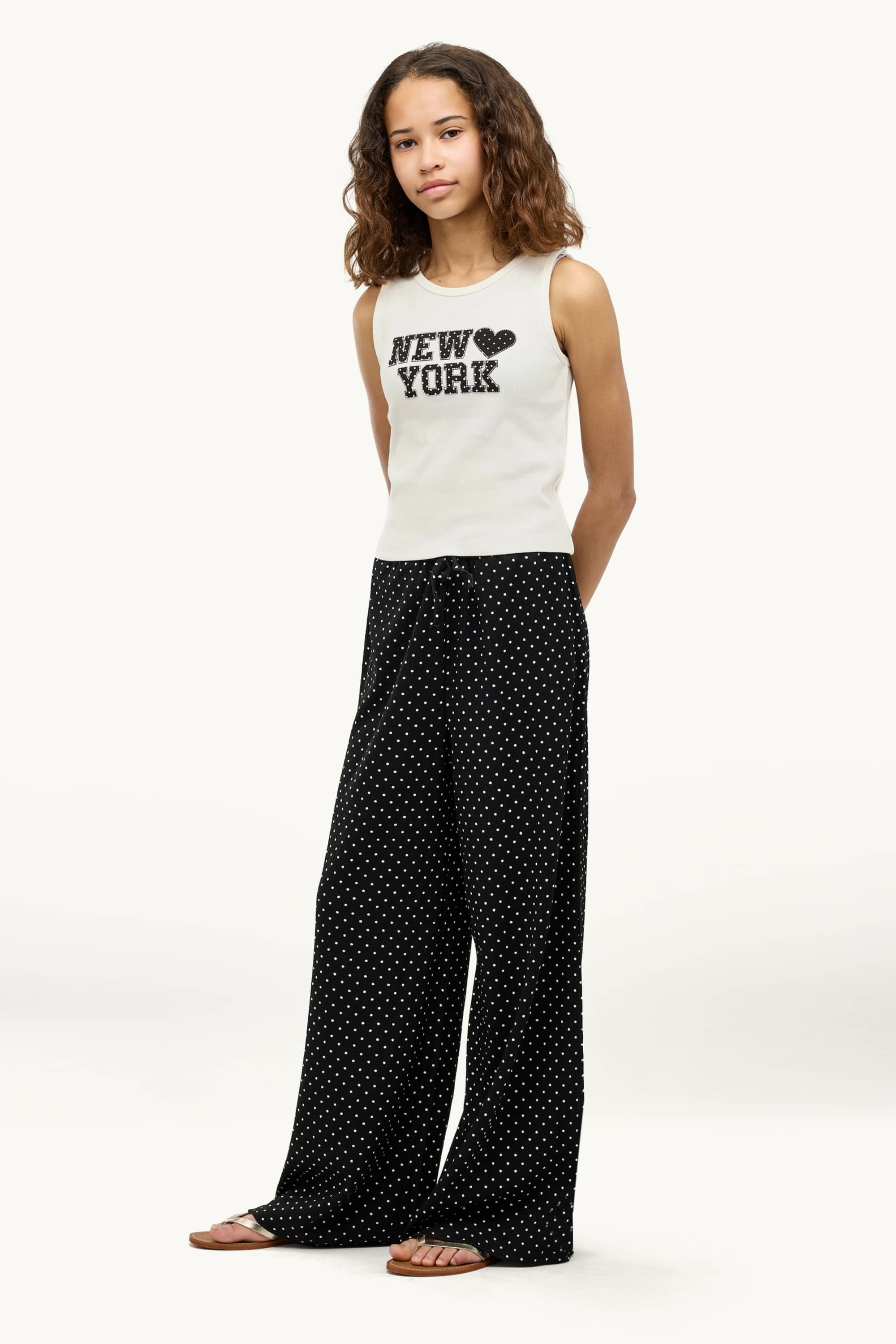 New York - set - short sleeve T-shirt and cloth trousers - 2 piece - polka dot white