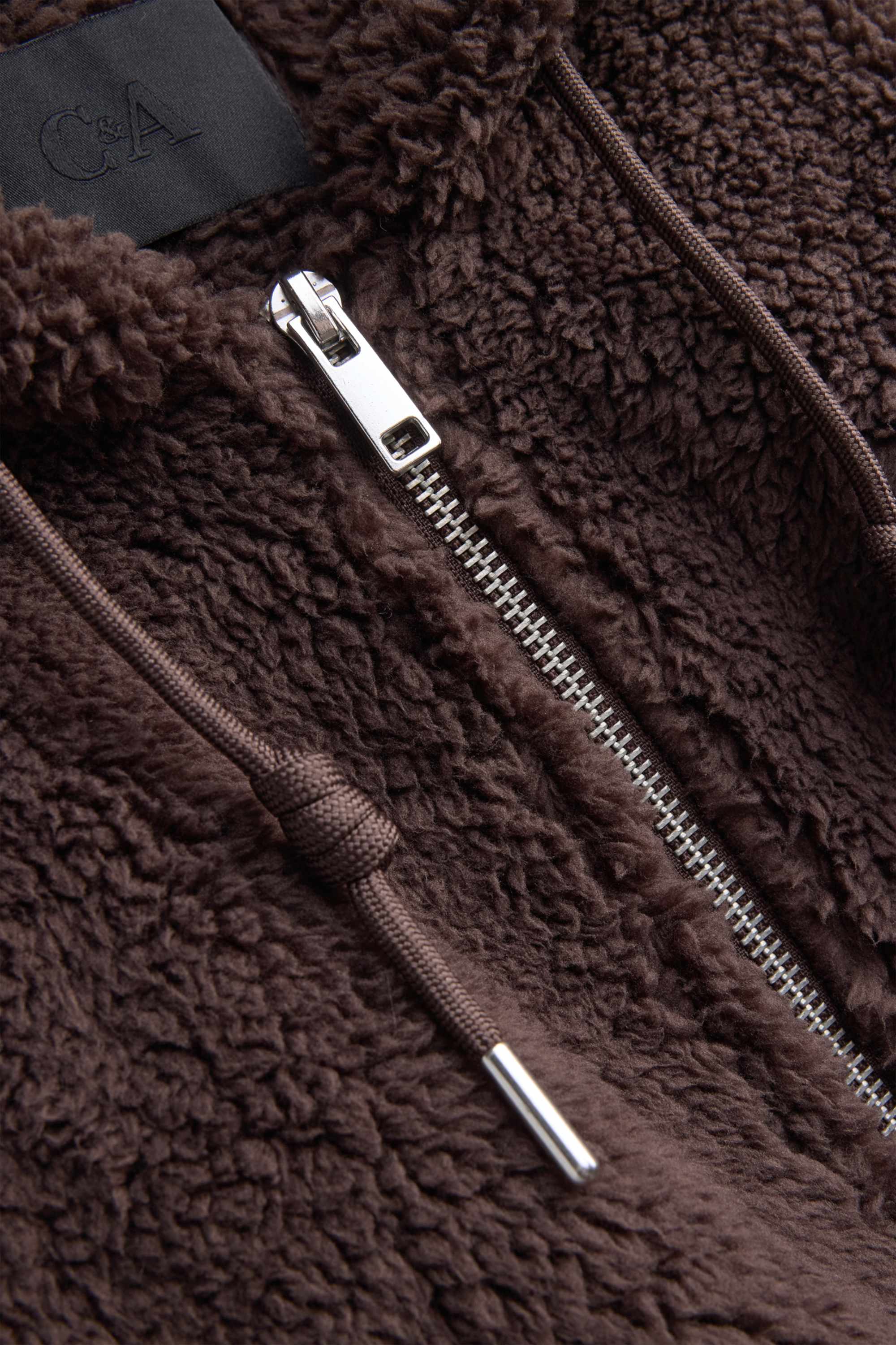 Teddy fur jacket with hood dark brown