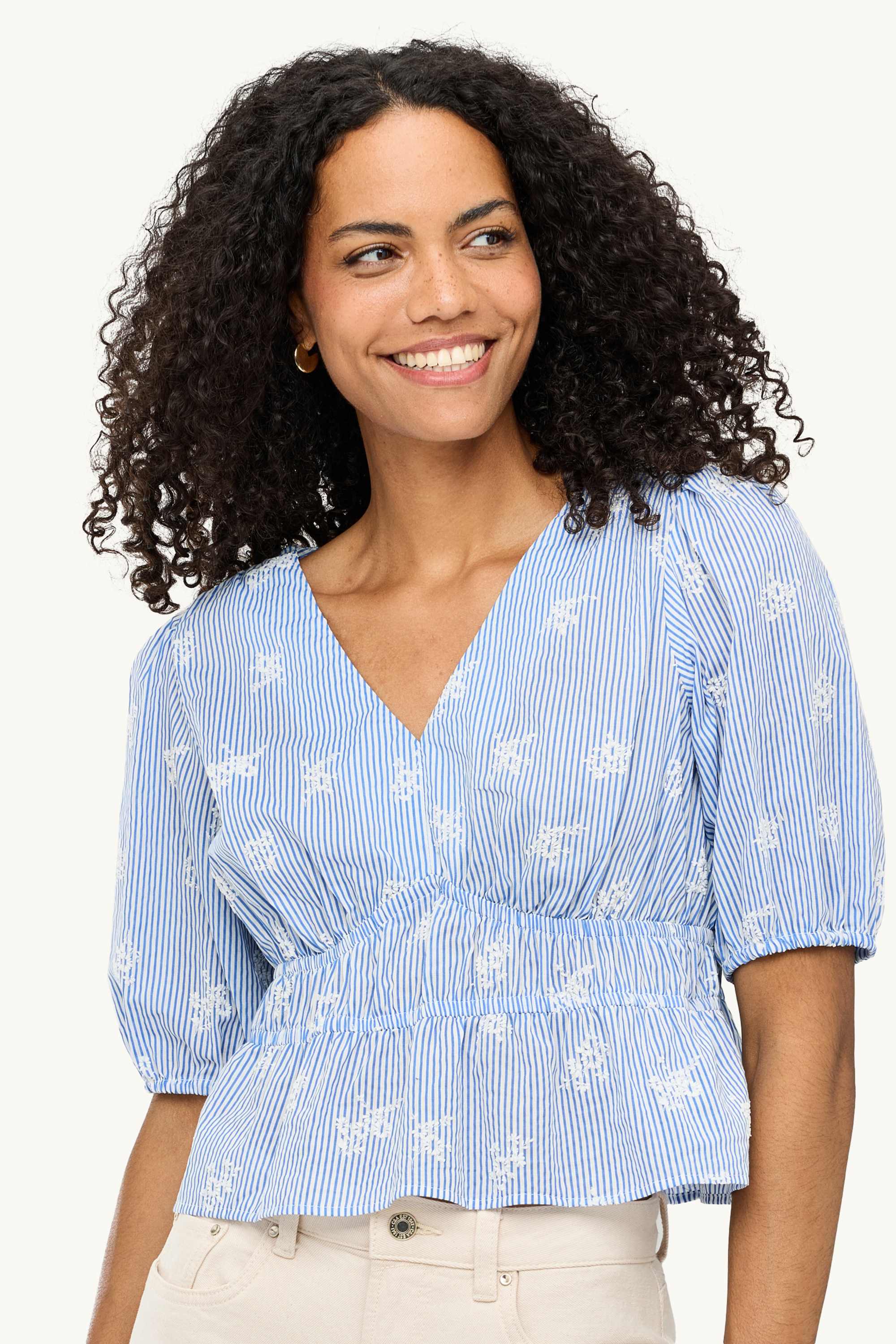 V-neck blouse - embroidered - striped blue / white