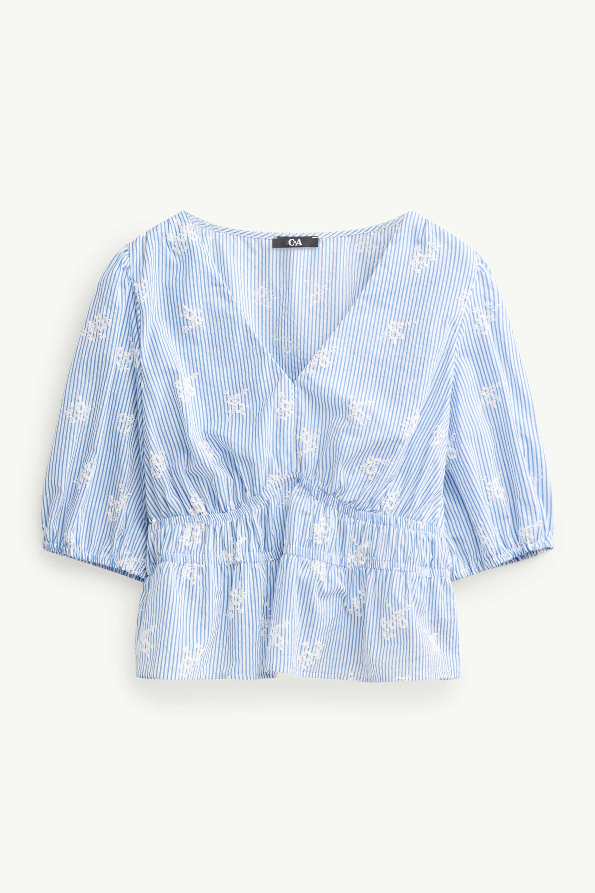 V-neck blouse - embroidered - striped blue / white