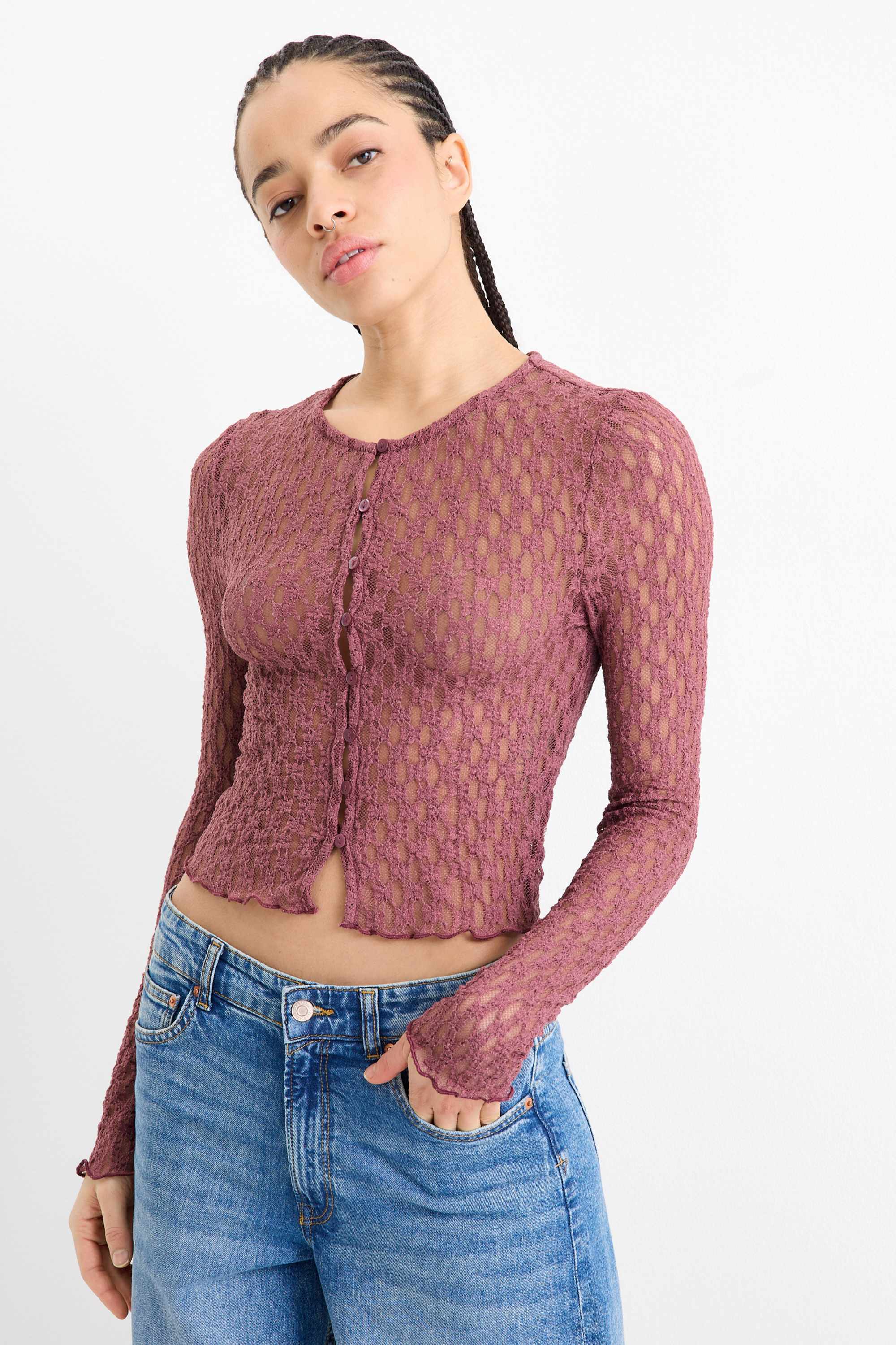 Cropped long sleeve top - slim fit dark rose