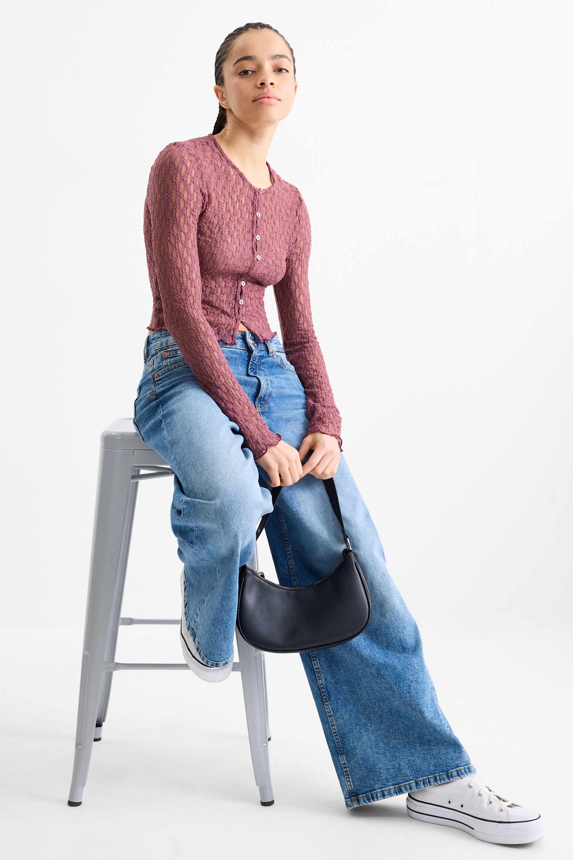 Cropped long sleeve top - slim fit dark rose