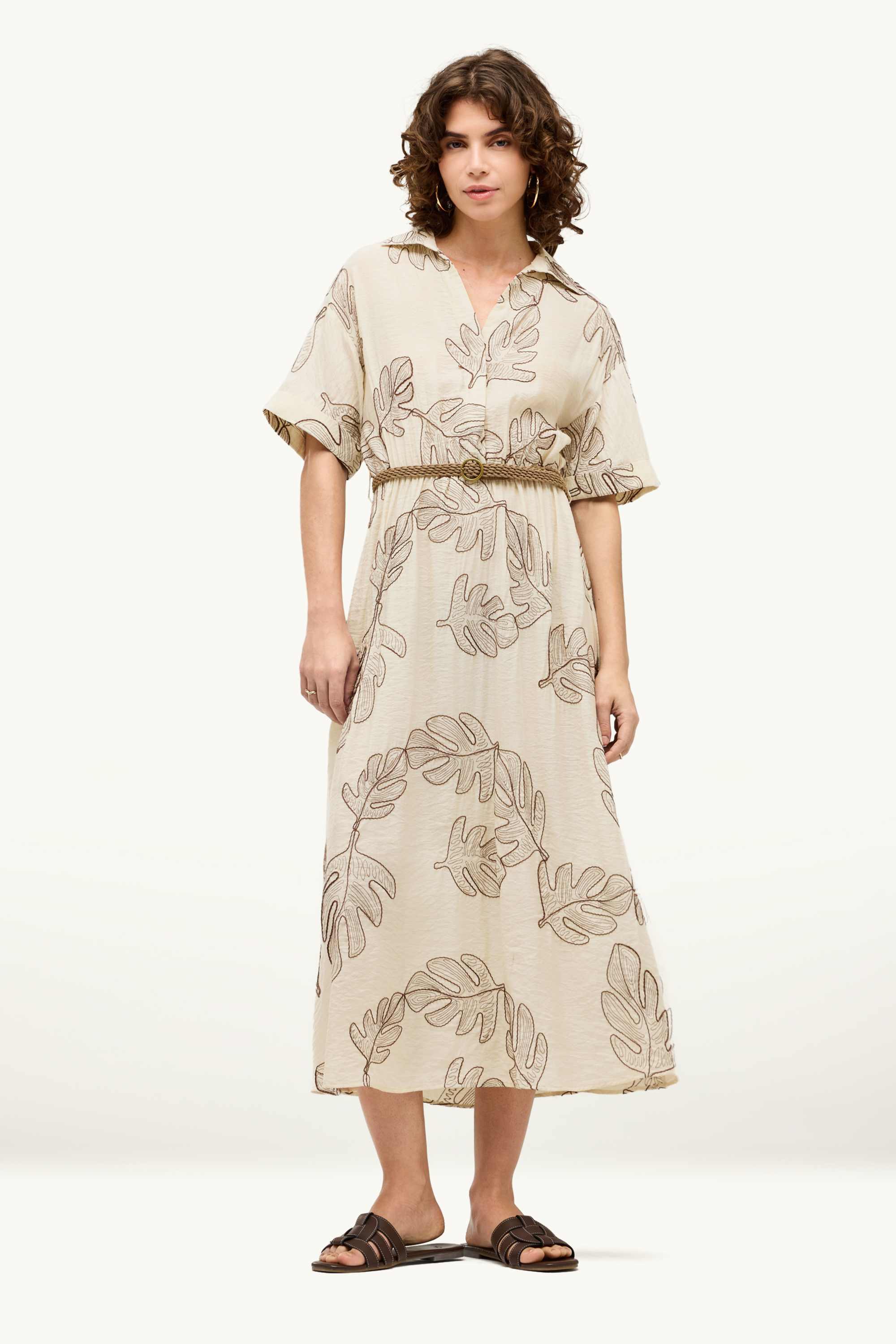 V-neck dress and belt - patterned beige
