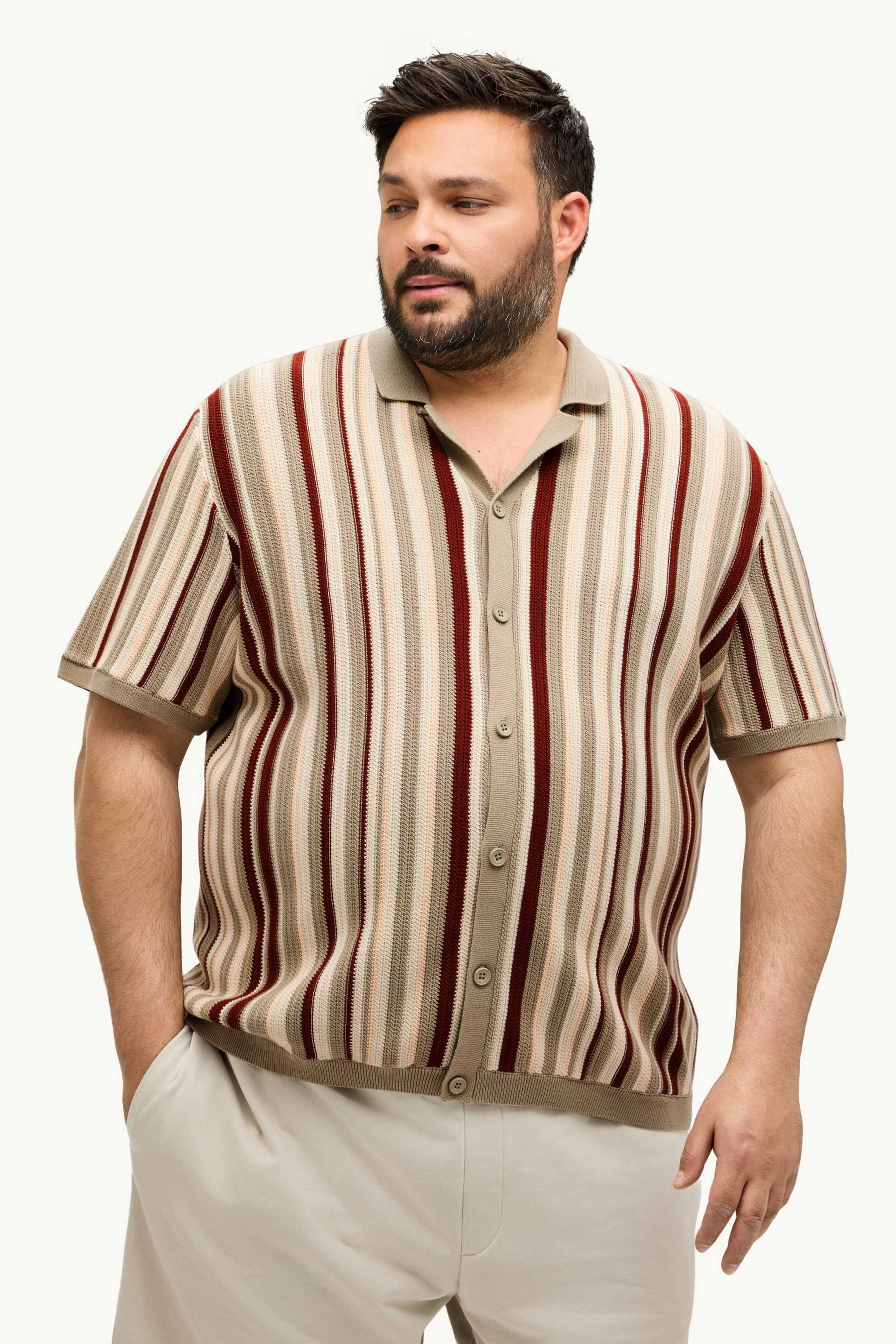 Knitted shirt - regular fit - lapel collar - striped brown