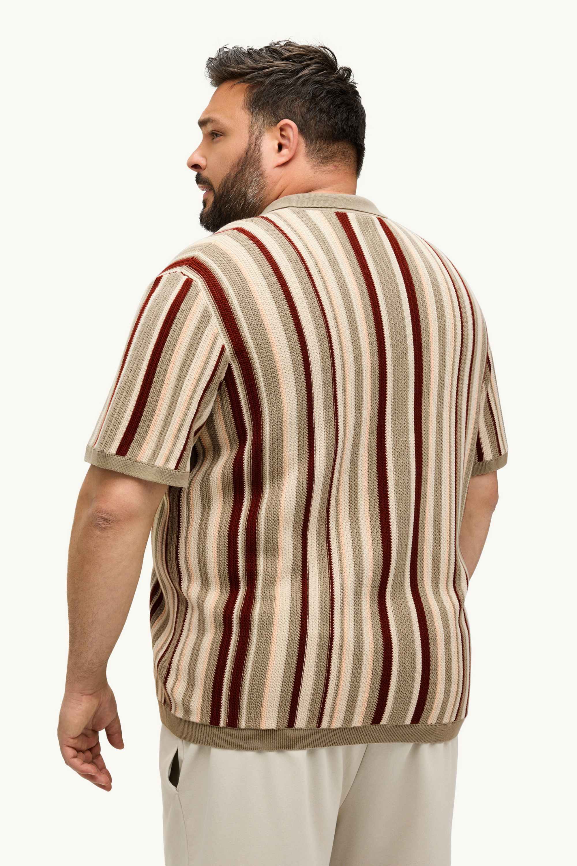 Knitted shirt - regular fit - lapel collar - striped brown
