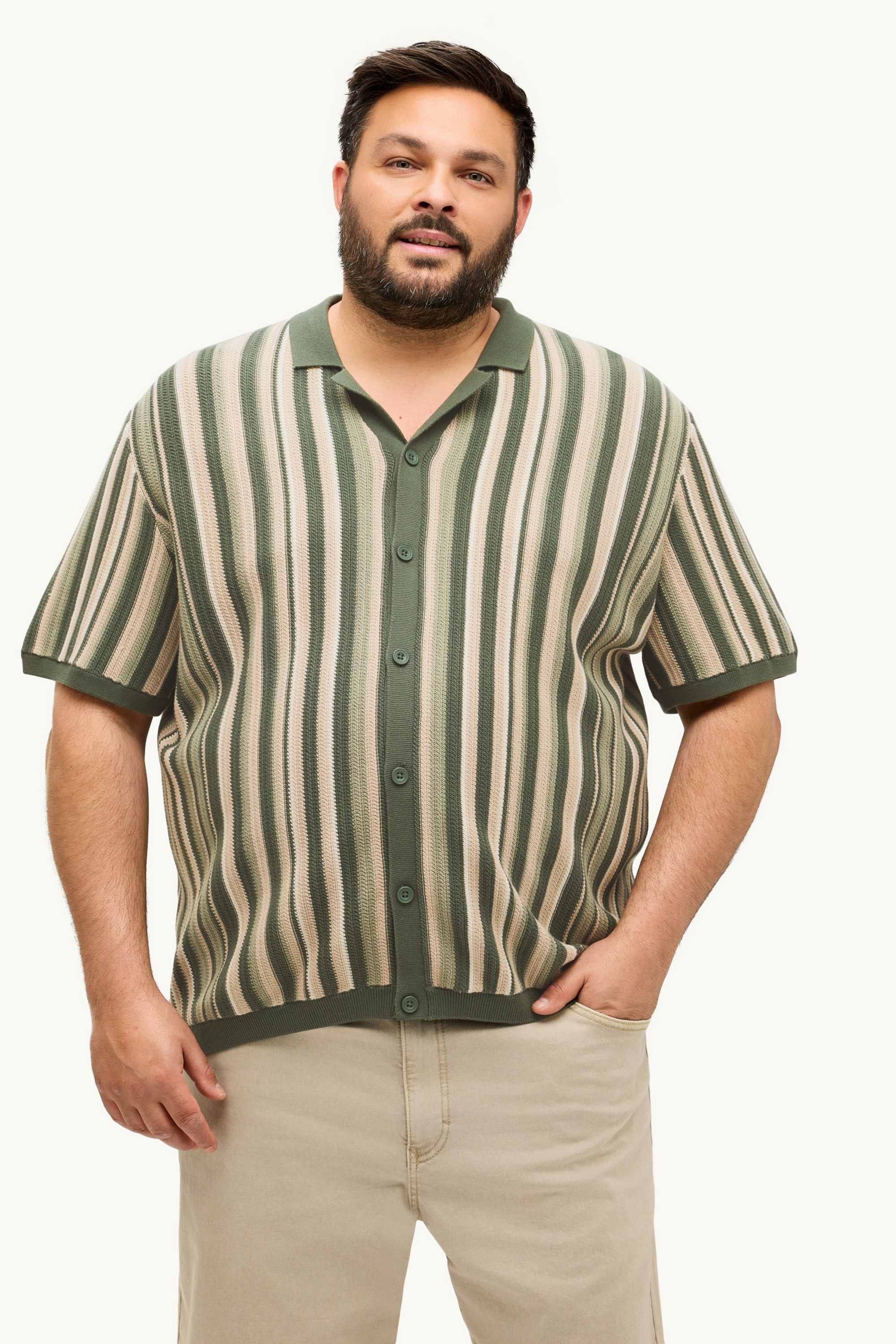 Knitted shirt - regular fit - lapel collar - striped khaki
