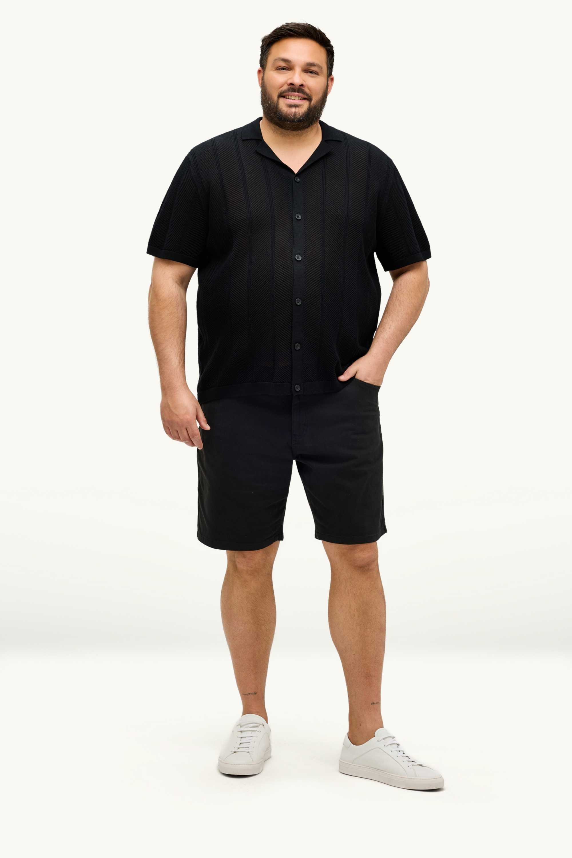 Knitted shirt - regular fit - lapel collar - textured black