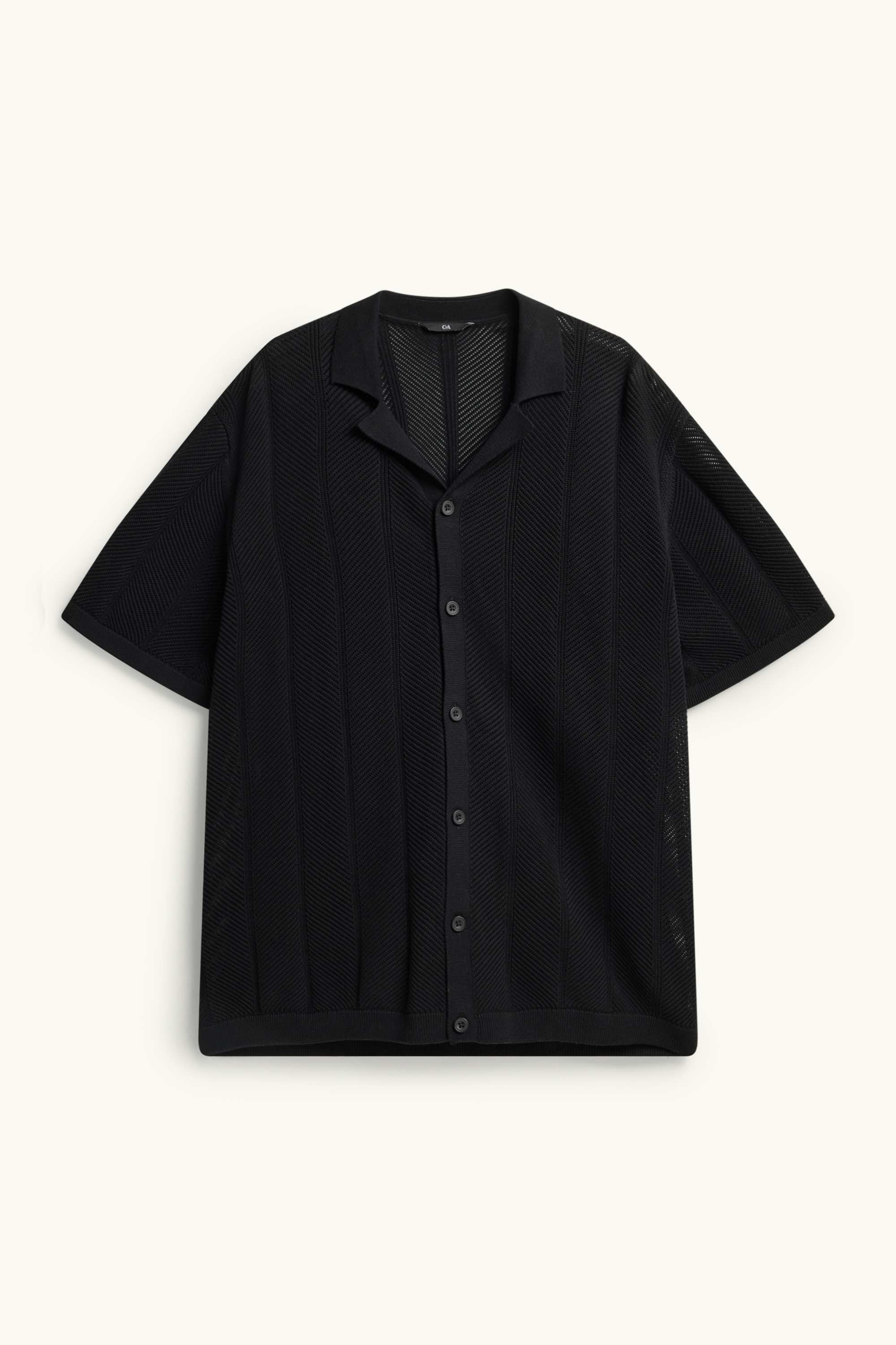 Knitted shirt - regular fit - lapel collar - textured black
