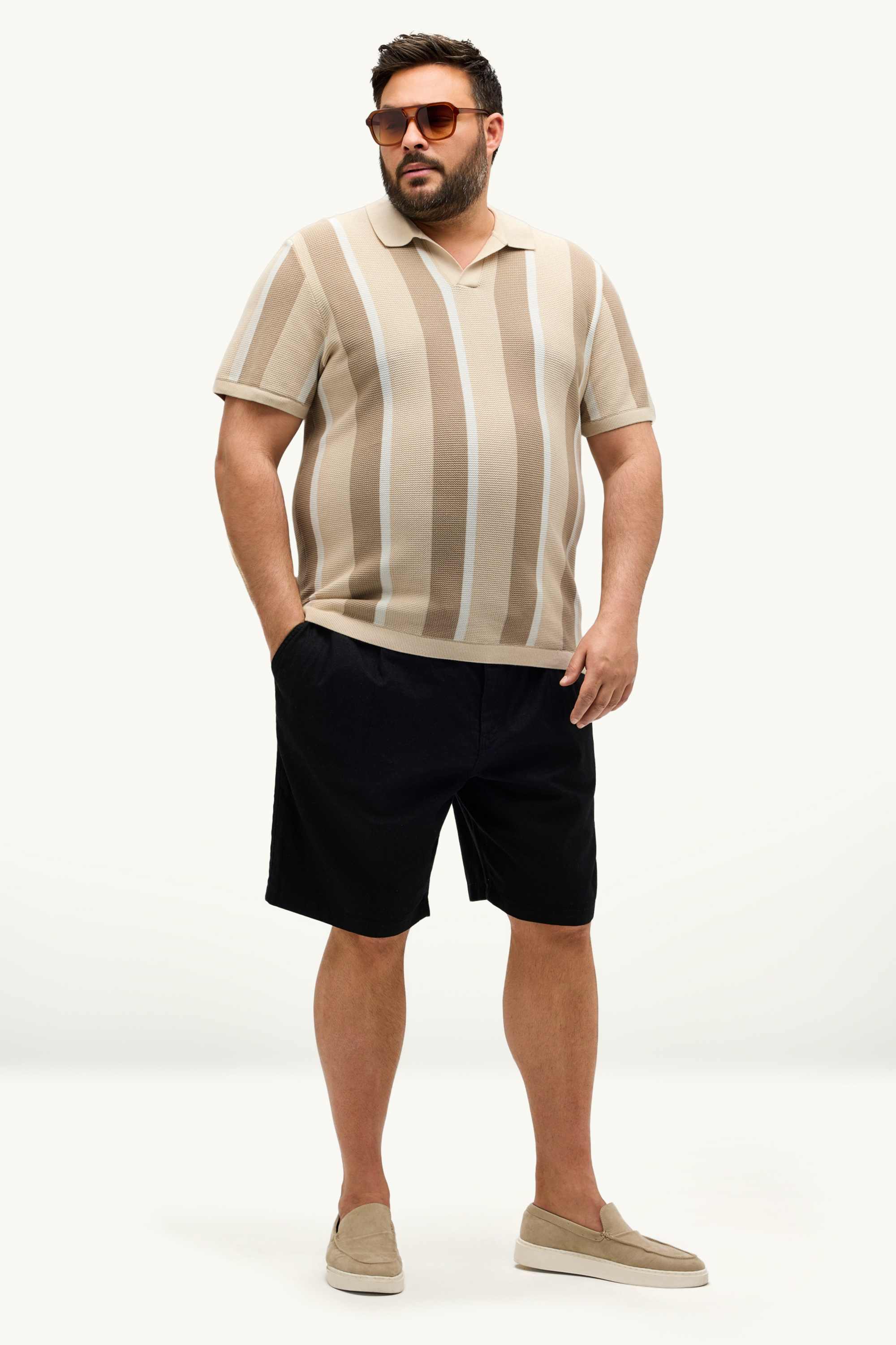 Knitted polo shirt - regular fit - striped - textured beige