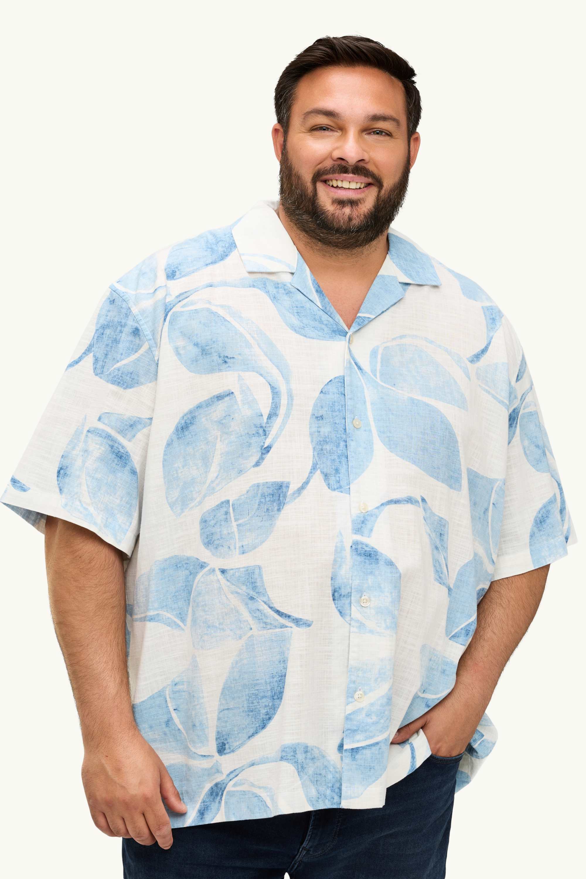 Shirt - loose fit - lapel collar - patterned white / blue