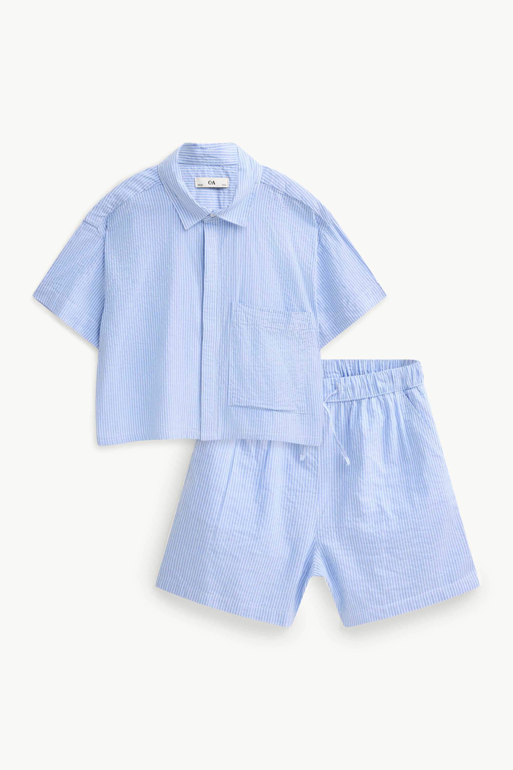 Set - blouse and shorts - 2-piece - striped blue / white