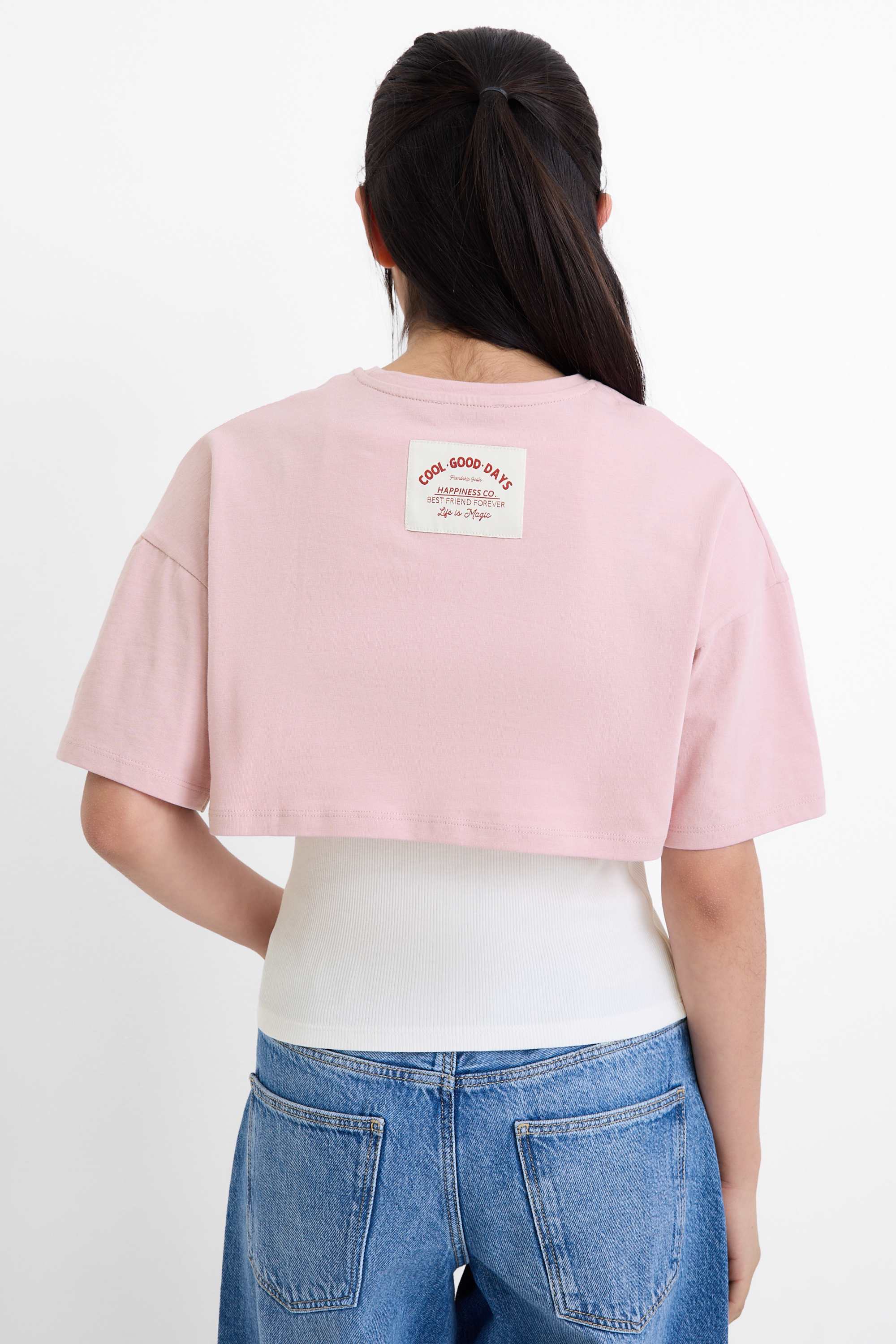Set - short sleeve T-shirt and top - 2 piece white / rose