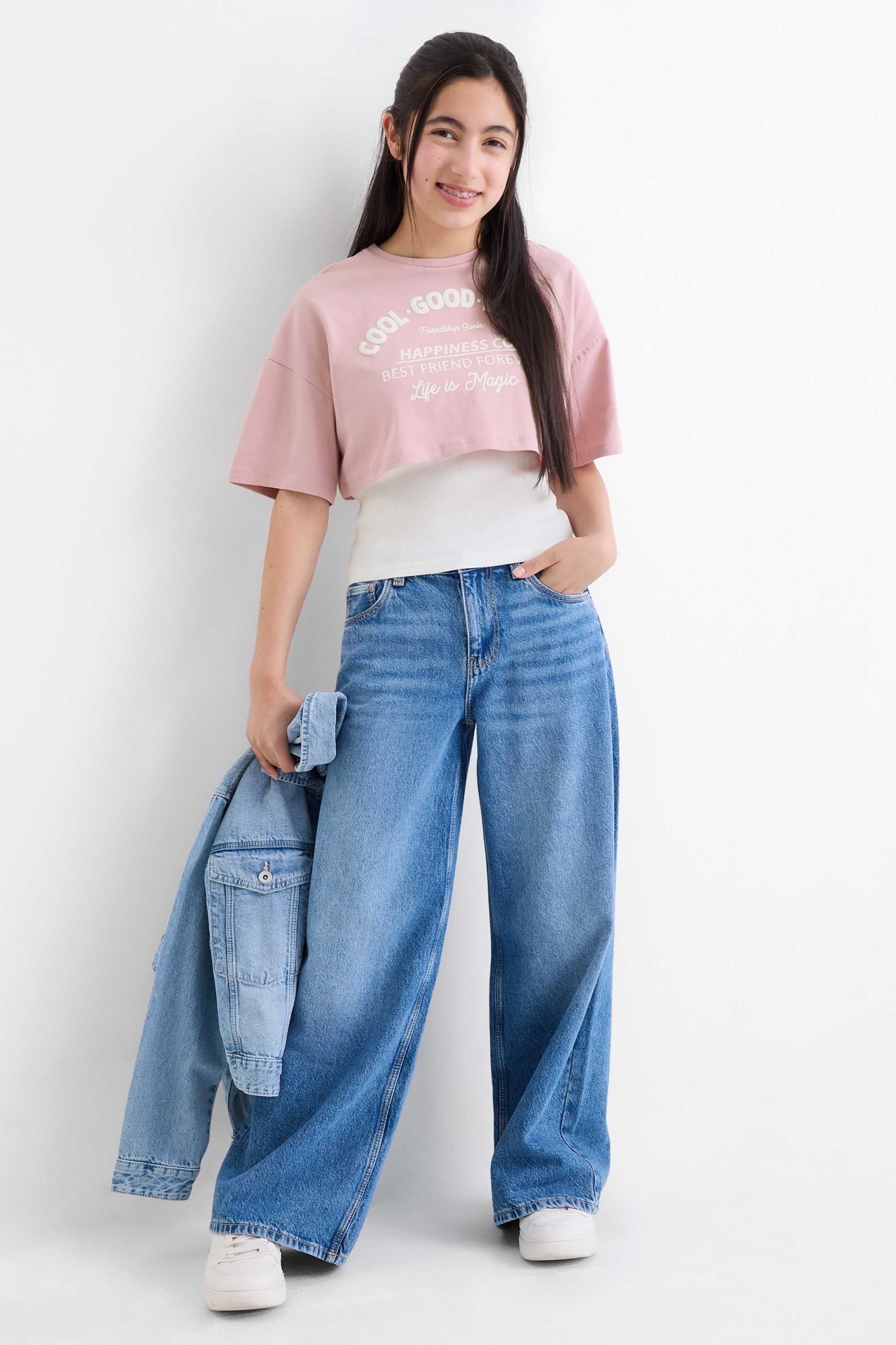 Set - short sleeve T-shirt and top - 2 piece white / rose